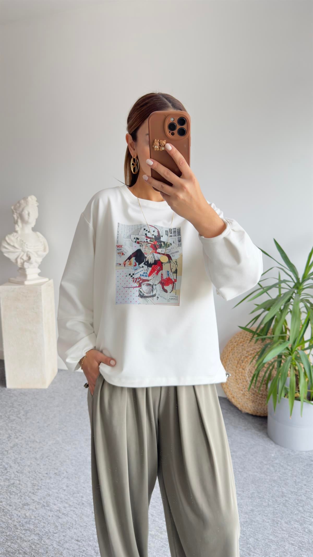 Zerin Kız Baskı Beyaz Sweatshirt
