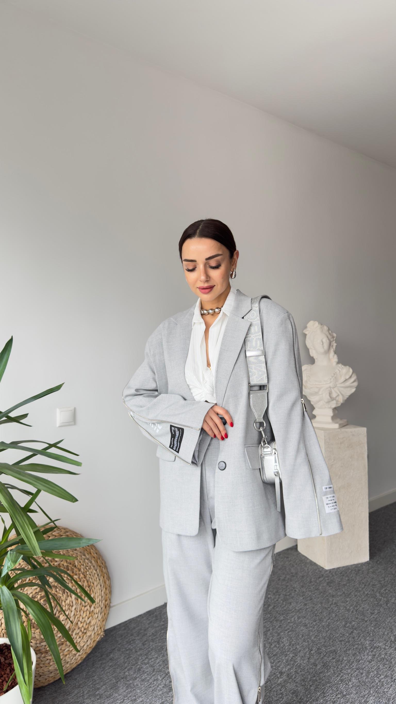 Machek Fermuar Detaylı Gri Blazer