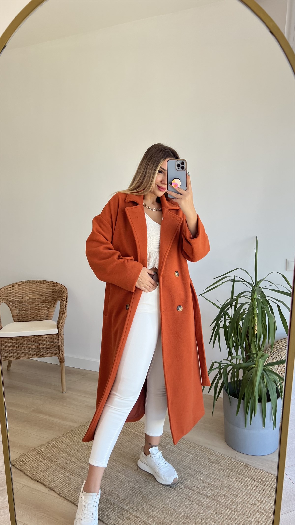 Kuşak Detaylı Astarlı Kiremit Kaban