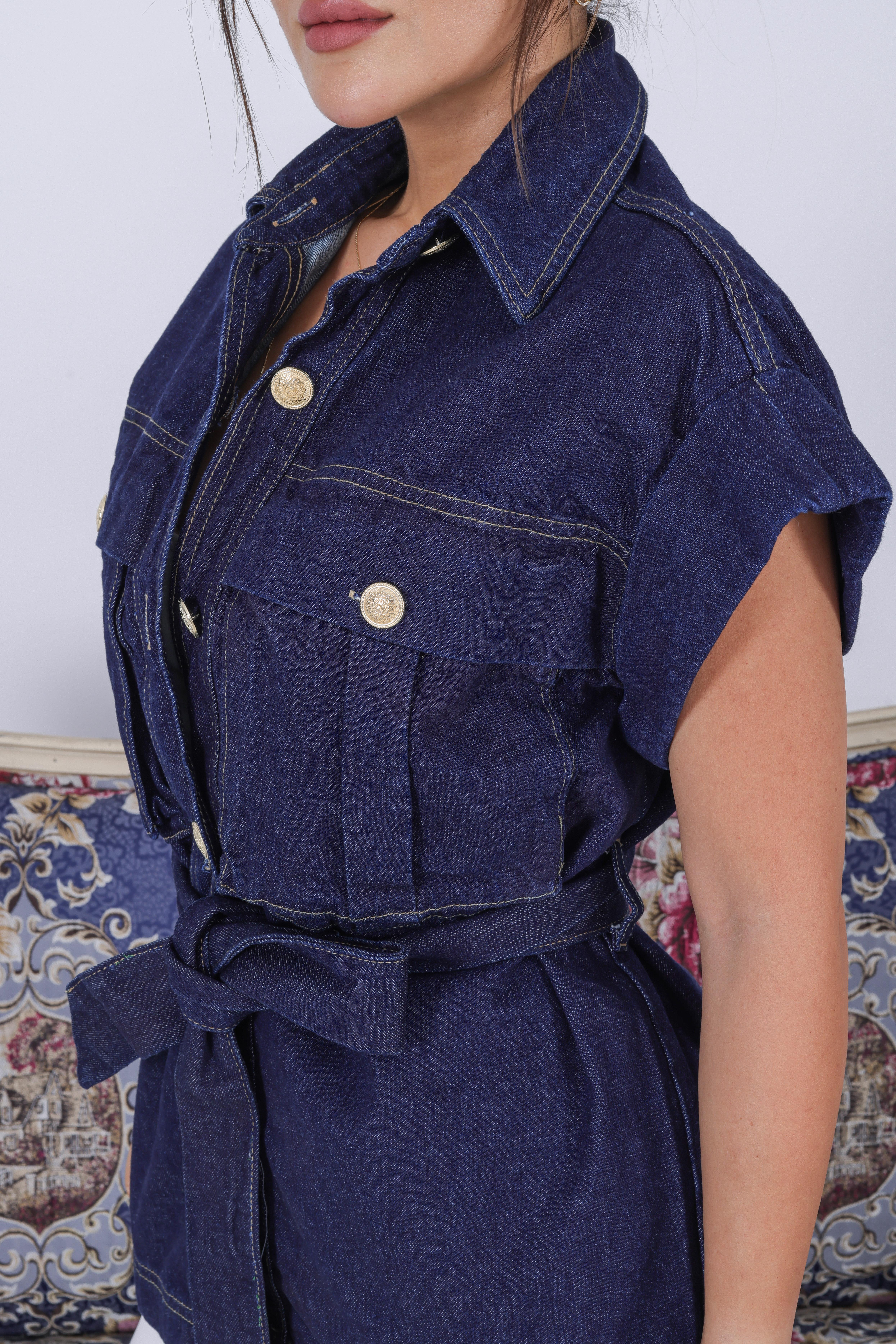 Nesha Gold Düğmeli Kuşaklı Jean Yelek
