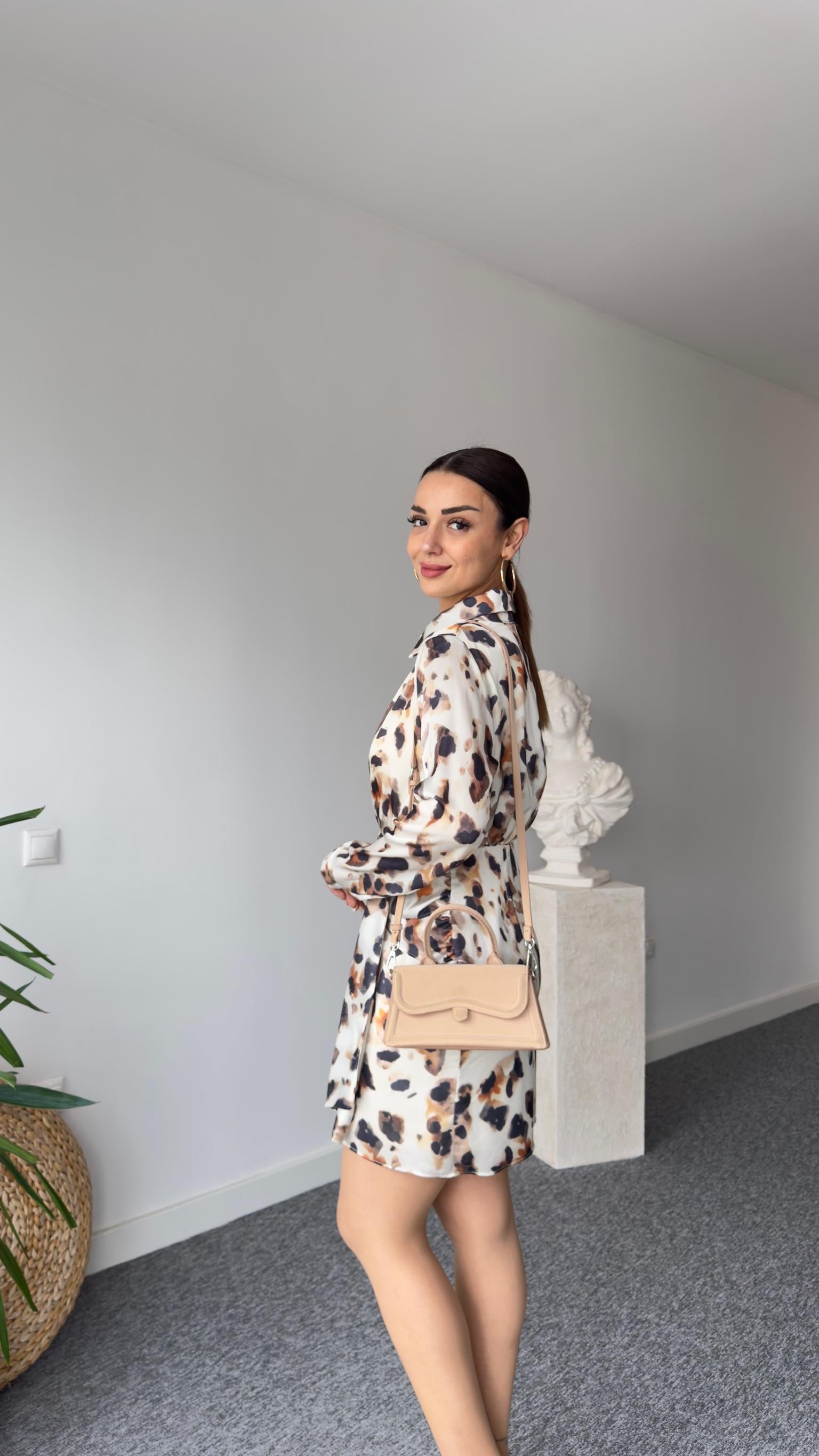 Saten Astarlı Leopar Desen Elbise 