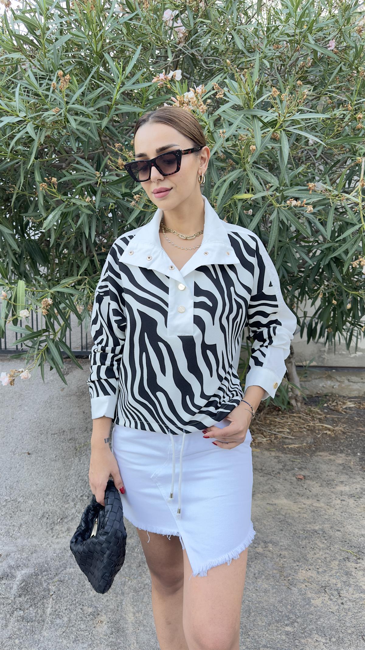 Gold Düğme Zebra Desenli Poplin Sweat
