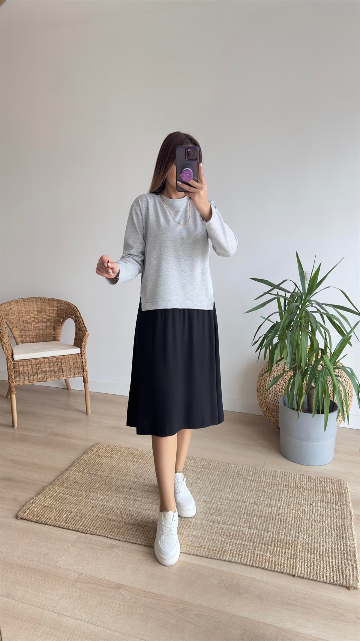 Viskon Detaylı Gri Sweat Elbise 