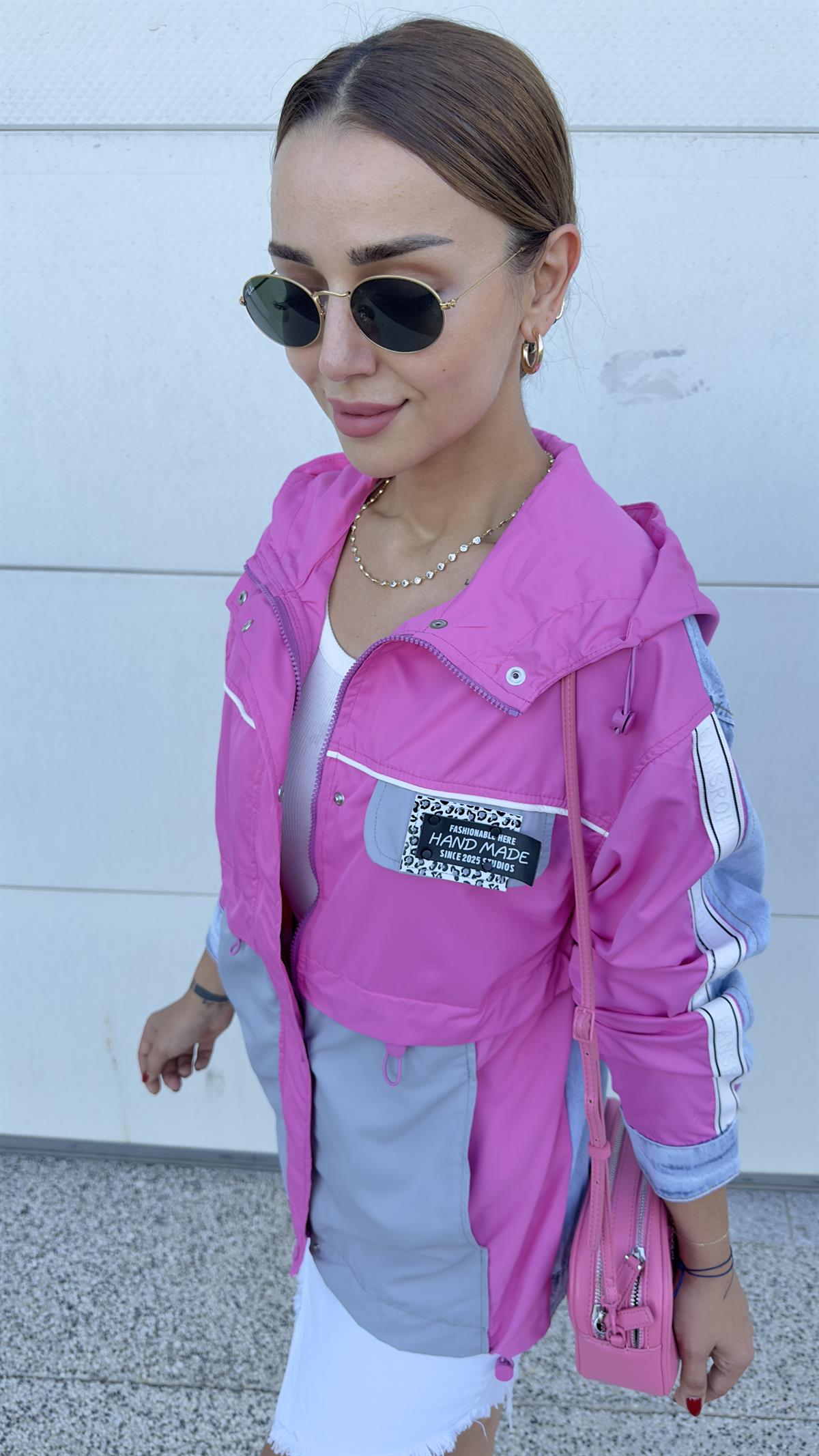 Sırtı Kot Detay Pembe Tasarım Ceket