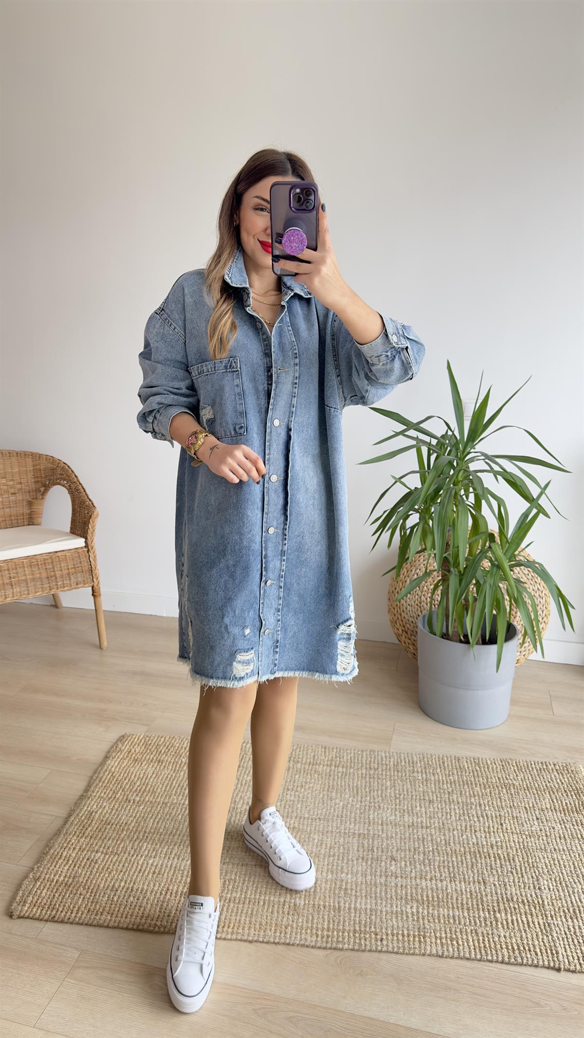 Yırtıklı Salaş Denim Elbise 