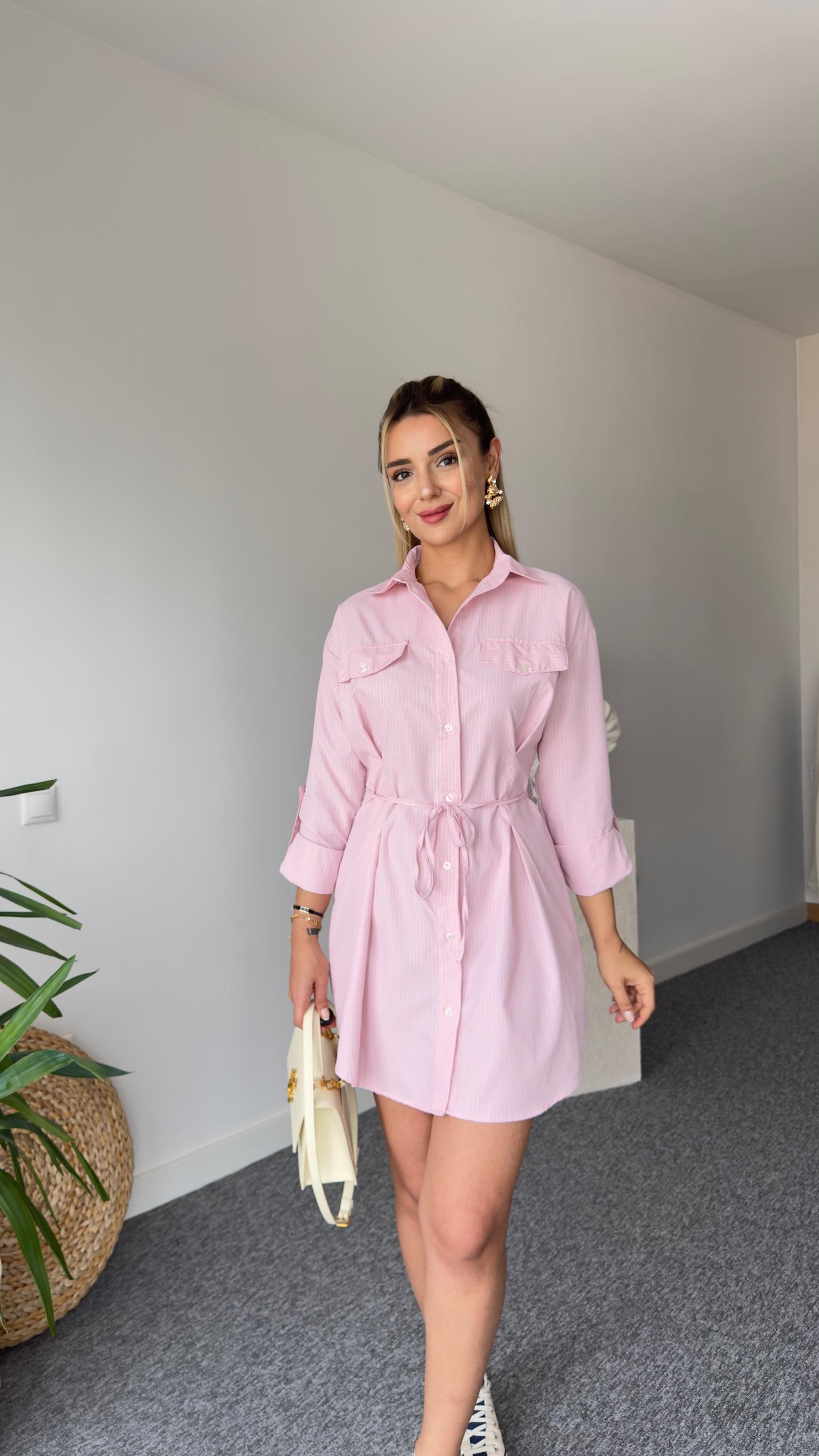 Nesta Çizgili Pembe Tunik Elbise
