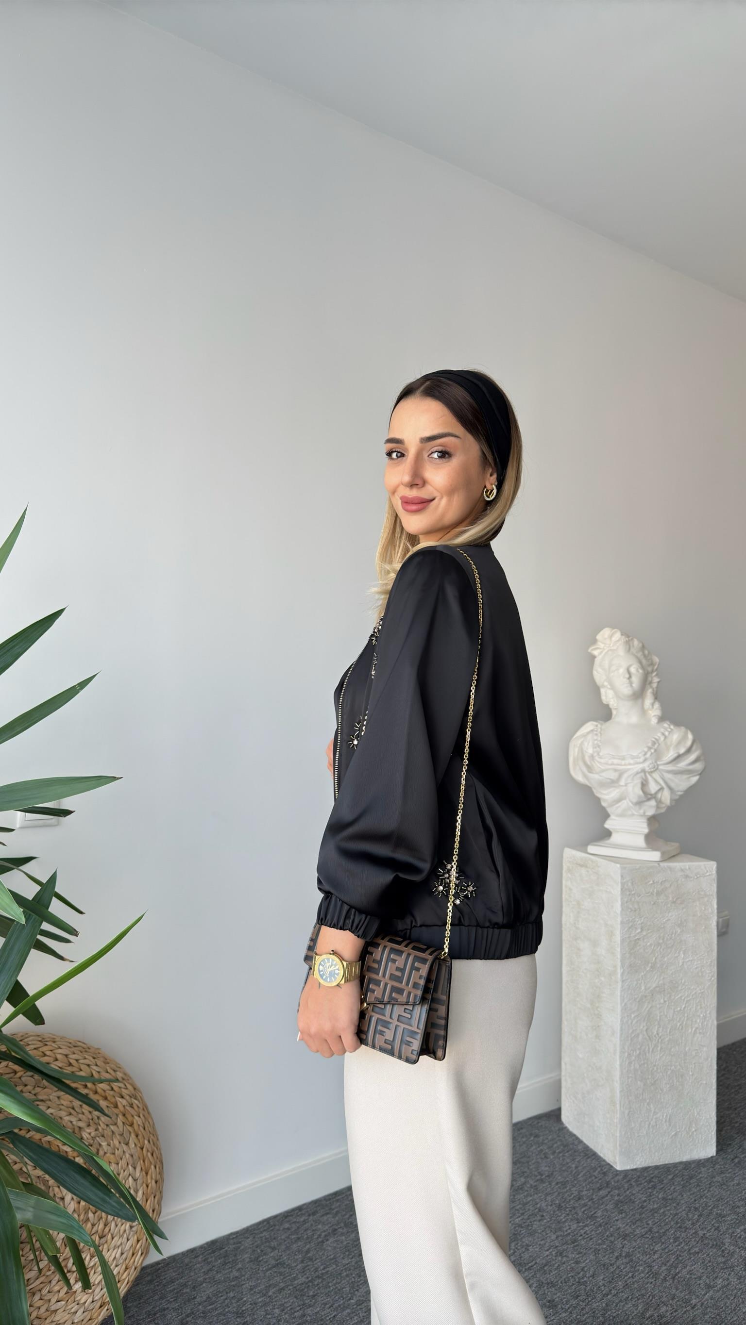 Flav Taş Detaylı Saten Bomber Ceket