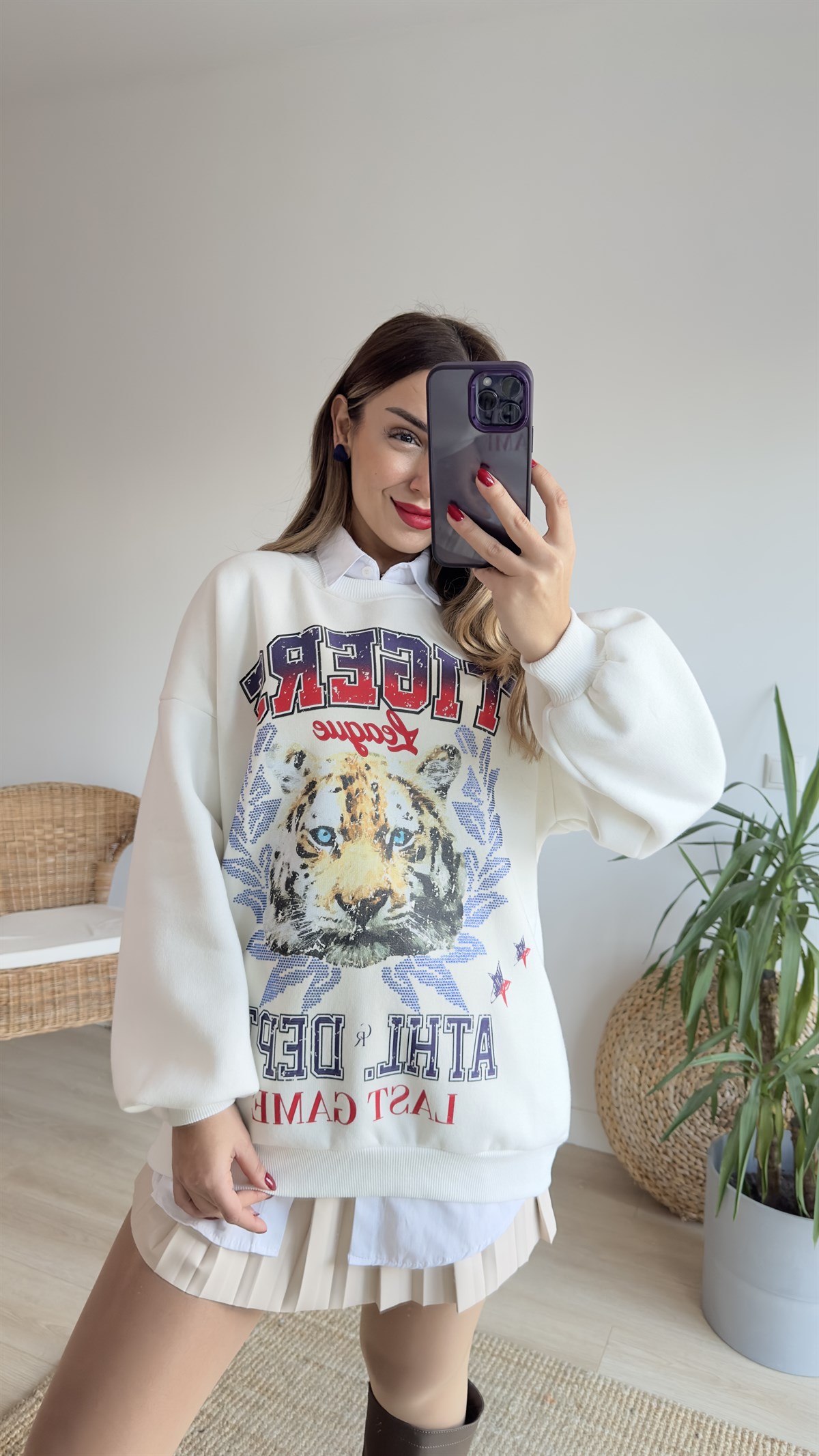 Tıger Baskı Şardonlu Beyaz Sweat