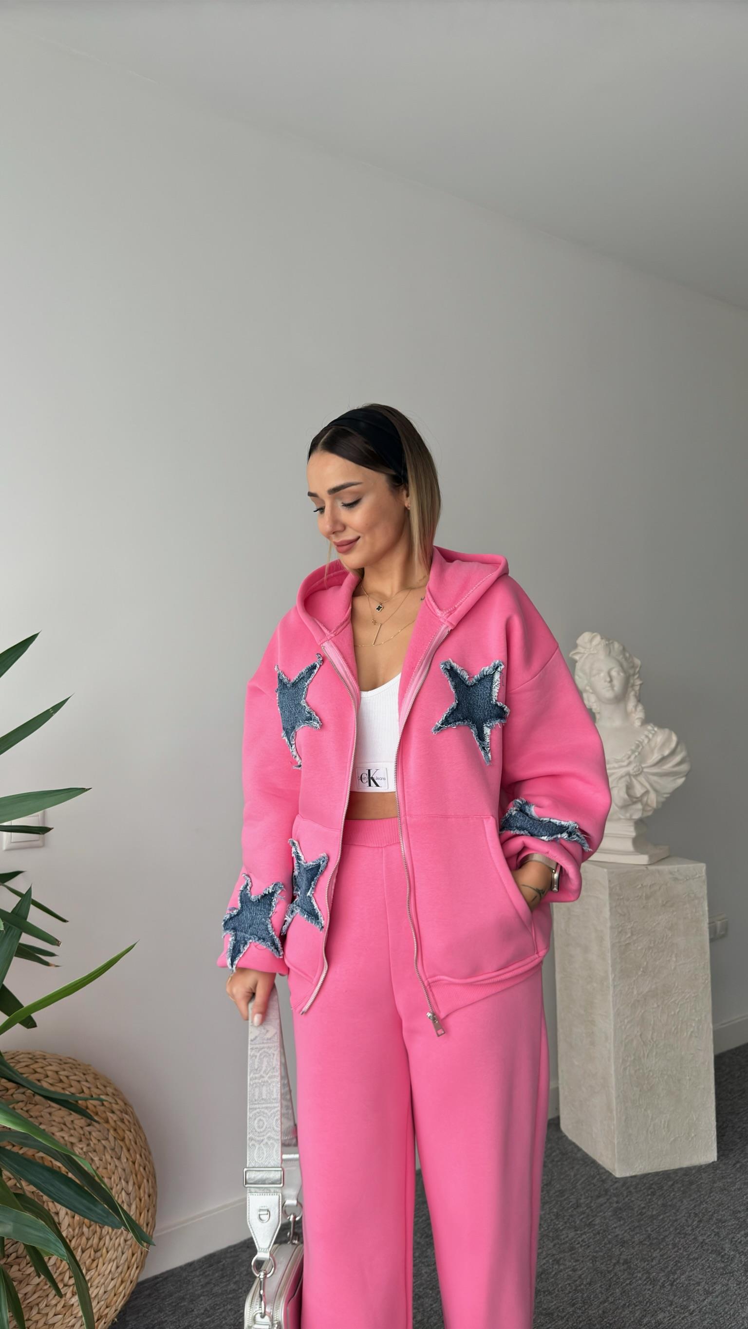 Denim Yıldız Detaylı Pembe Tasarım Takım