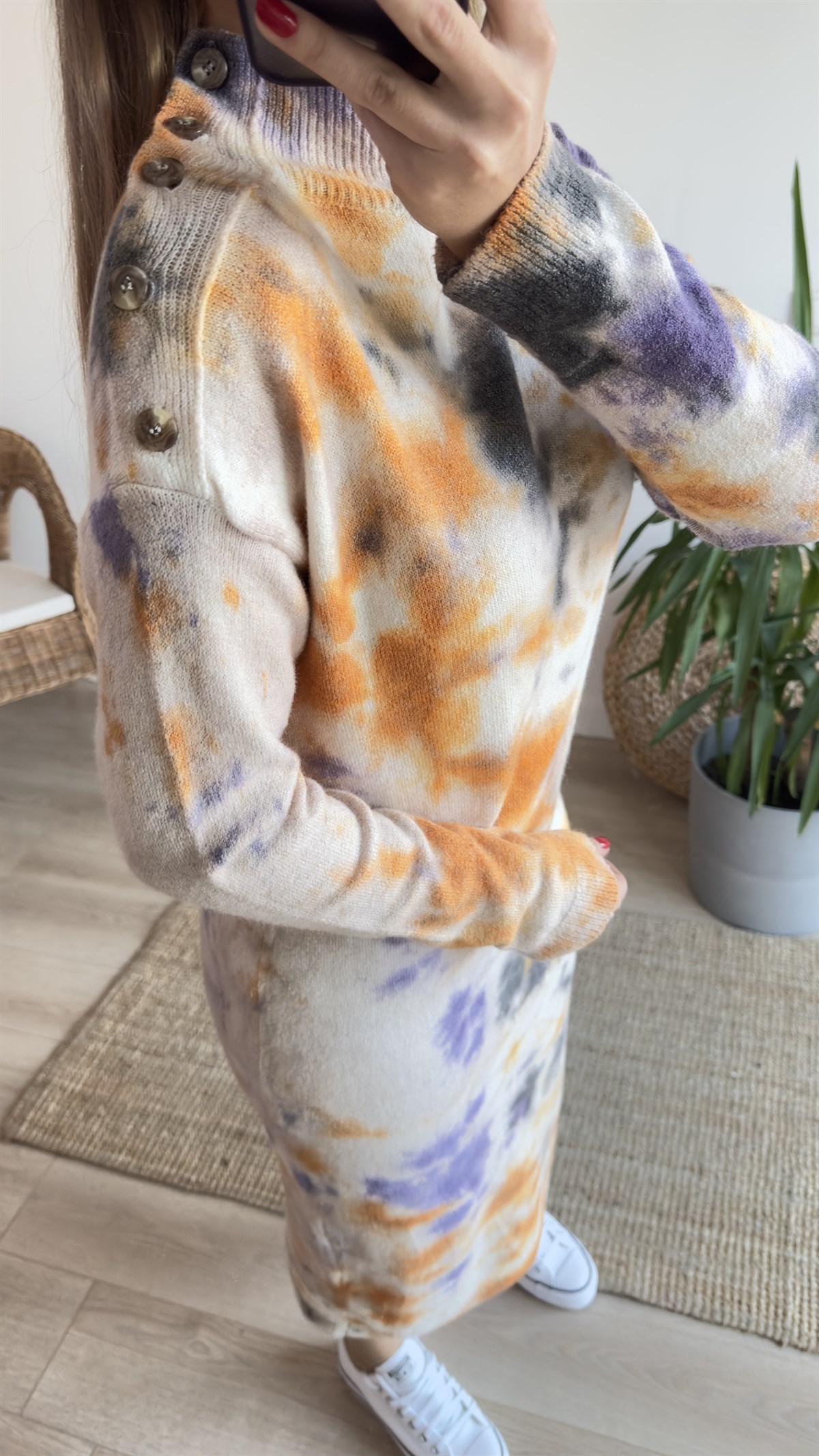 Yaka Düğmeli Batik Desen Elbise 