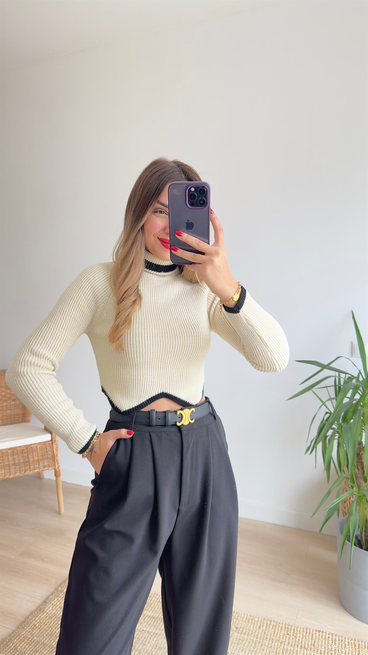 Zigzag Desen Ekru Triko