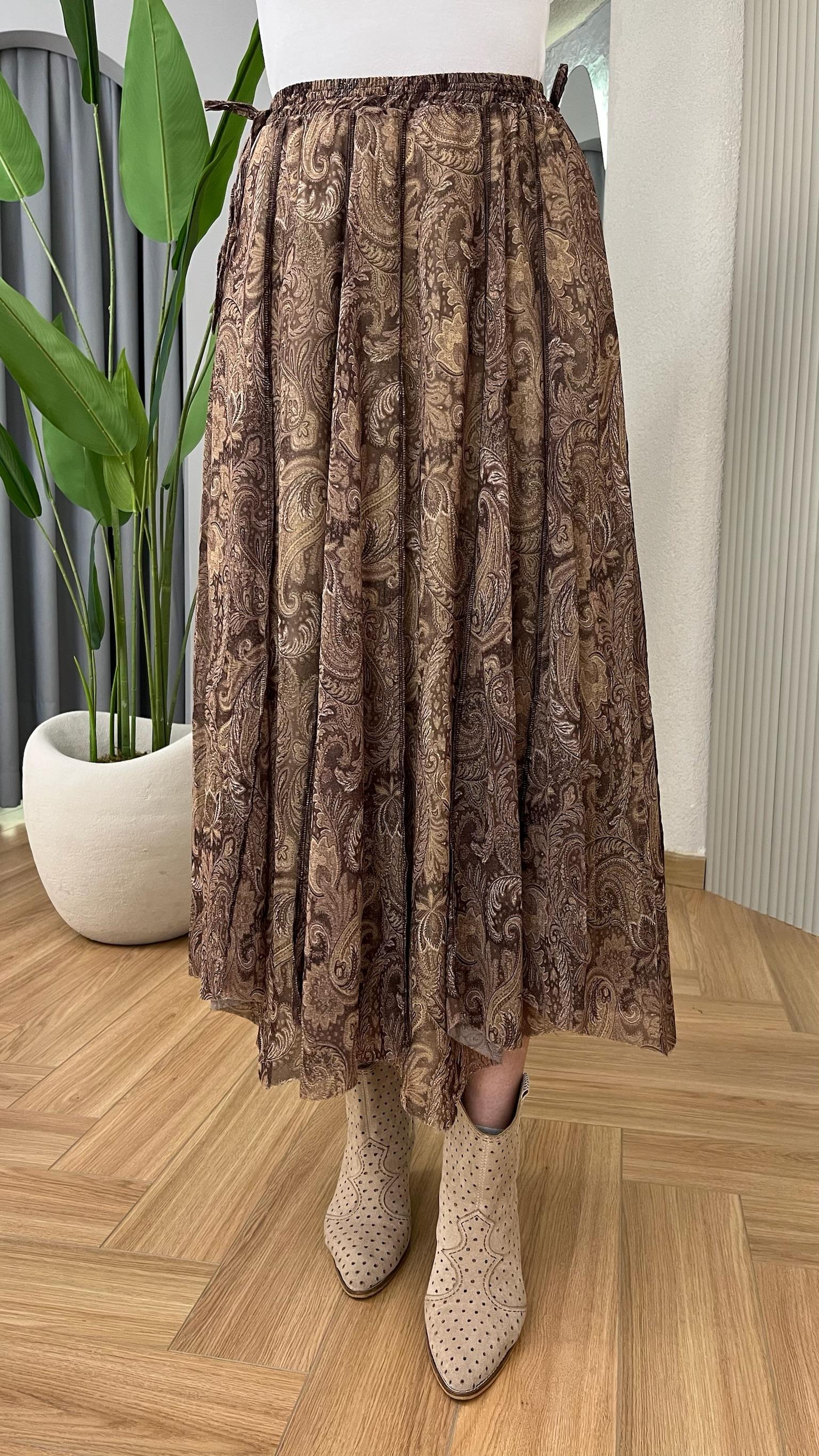 Kahve Zien Etnik Desenli Şifon Etek