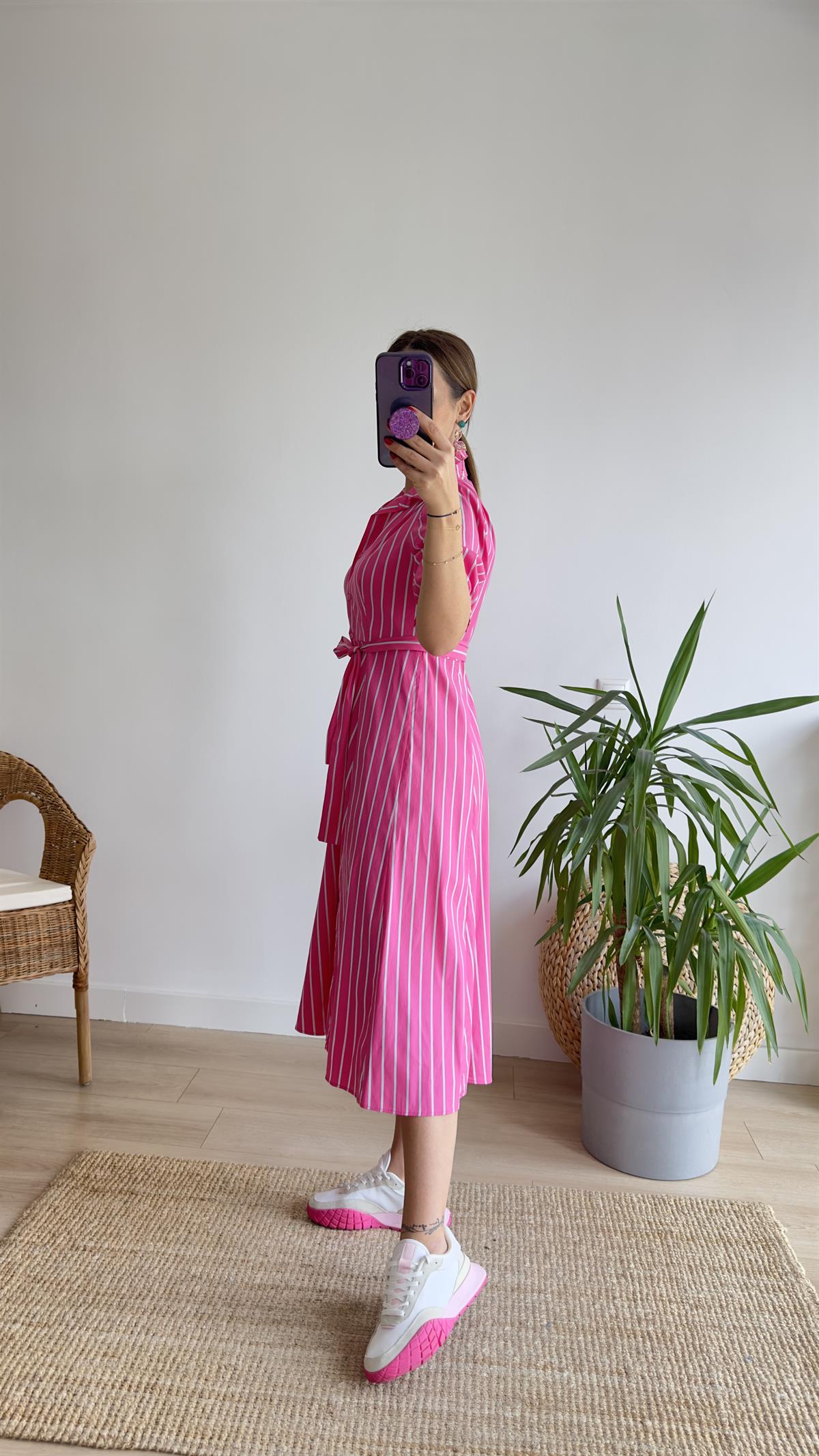 Montes Çizgili Pembe Gömlek Elbise