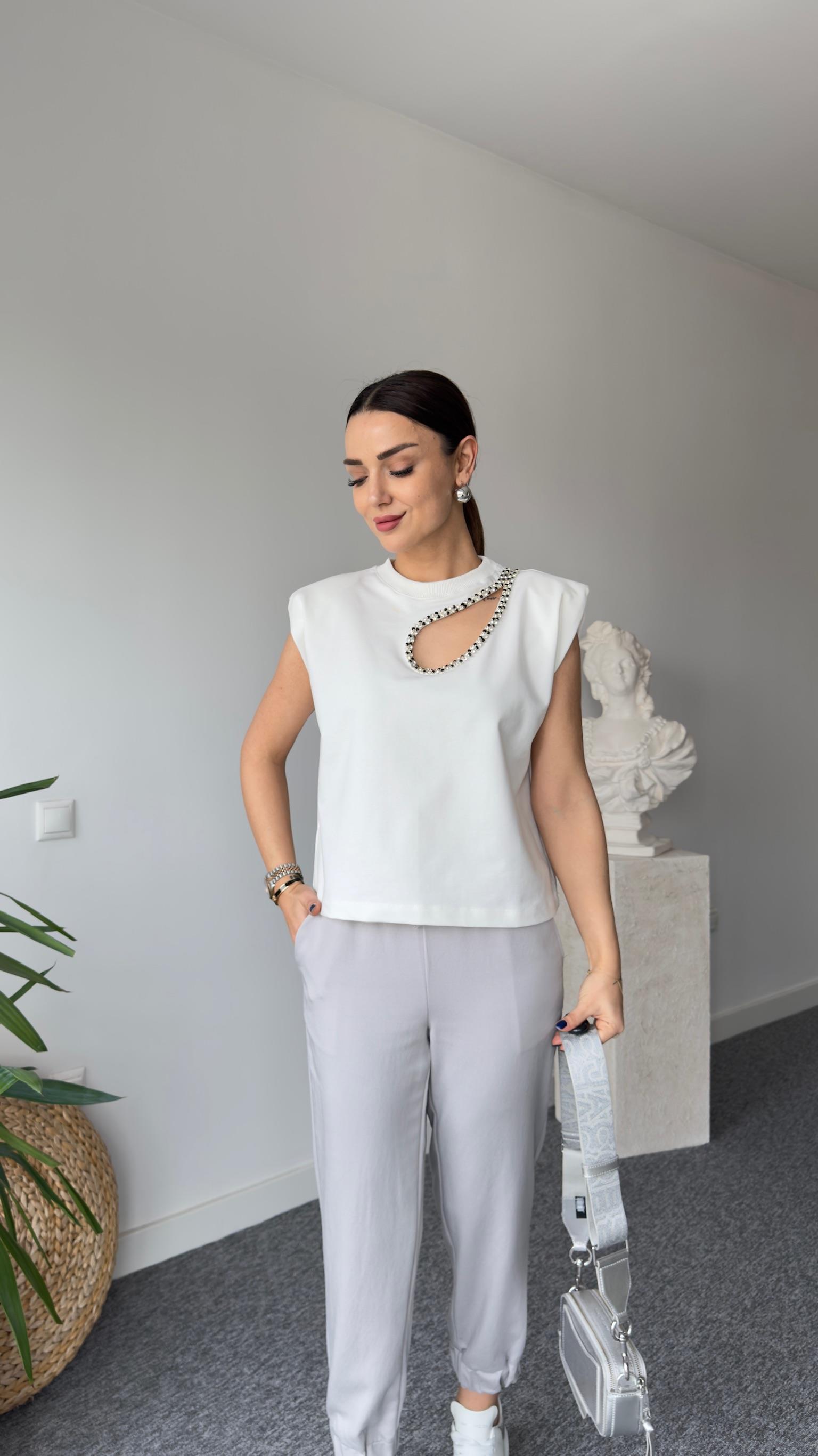 Beyaz Orj Model Damla Taş İşlemeli Tshirt