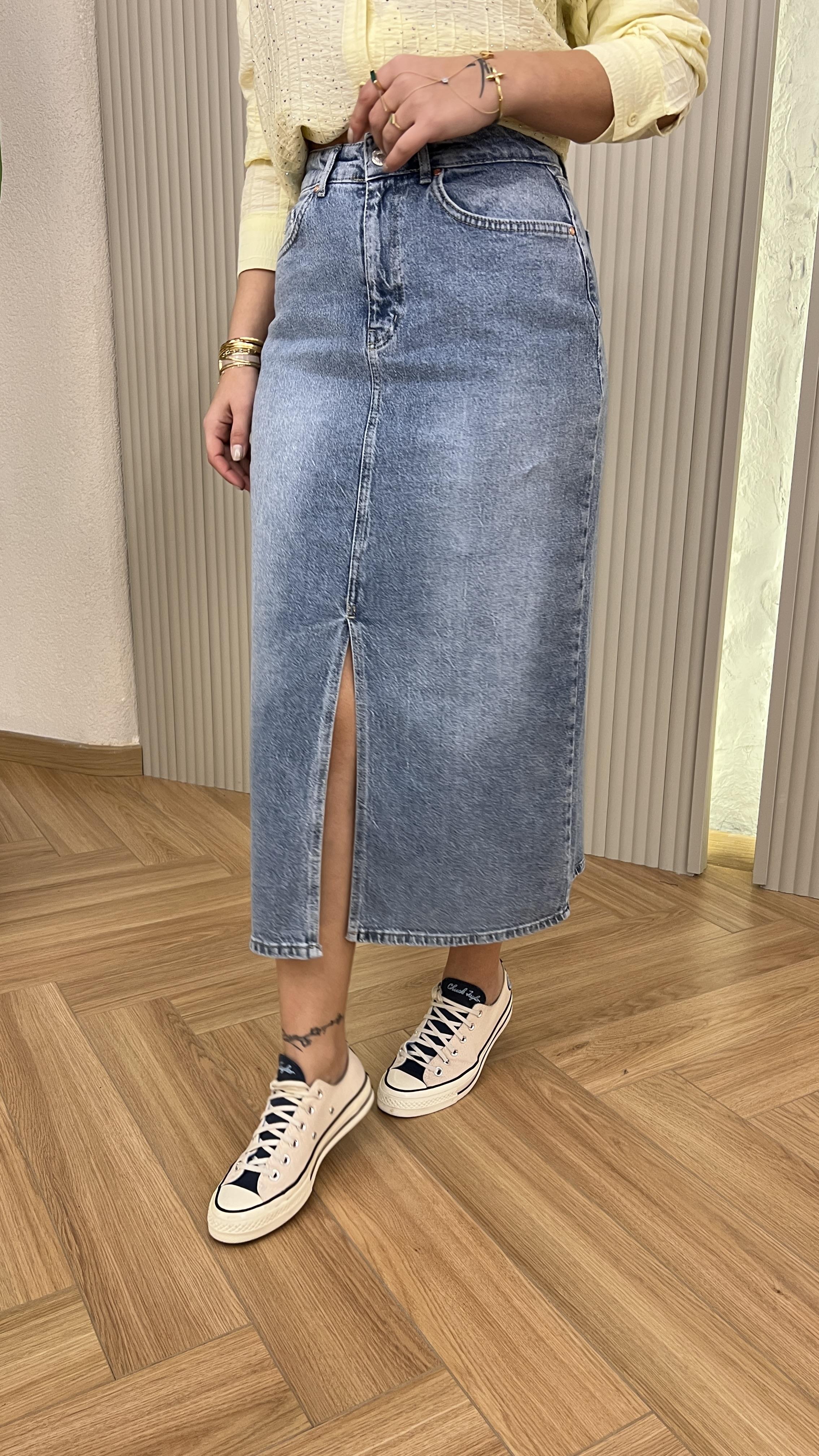 Mavi Quince Önden Yırtmaçlı Kot Etek