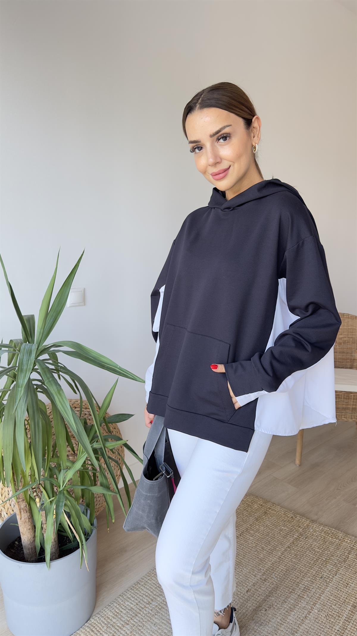 Zra Model Sırtı Poplin Kapüşonlu Lacivert Sweat