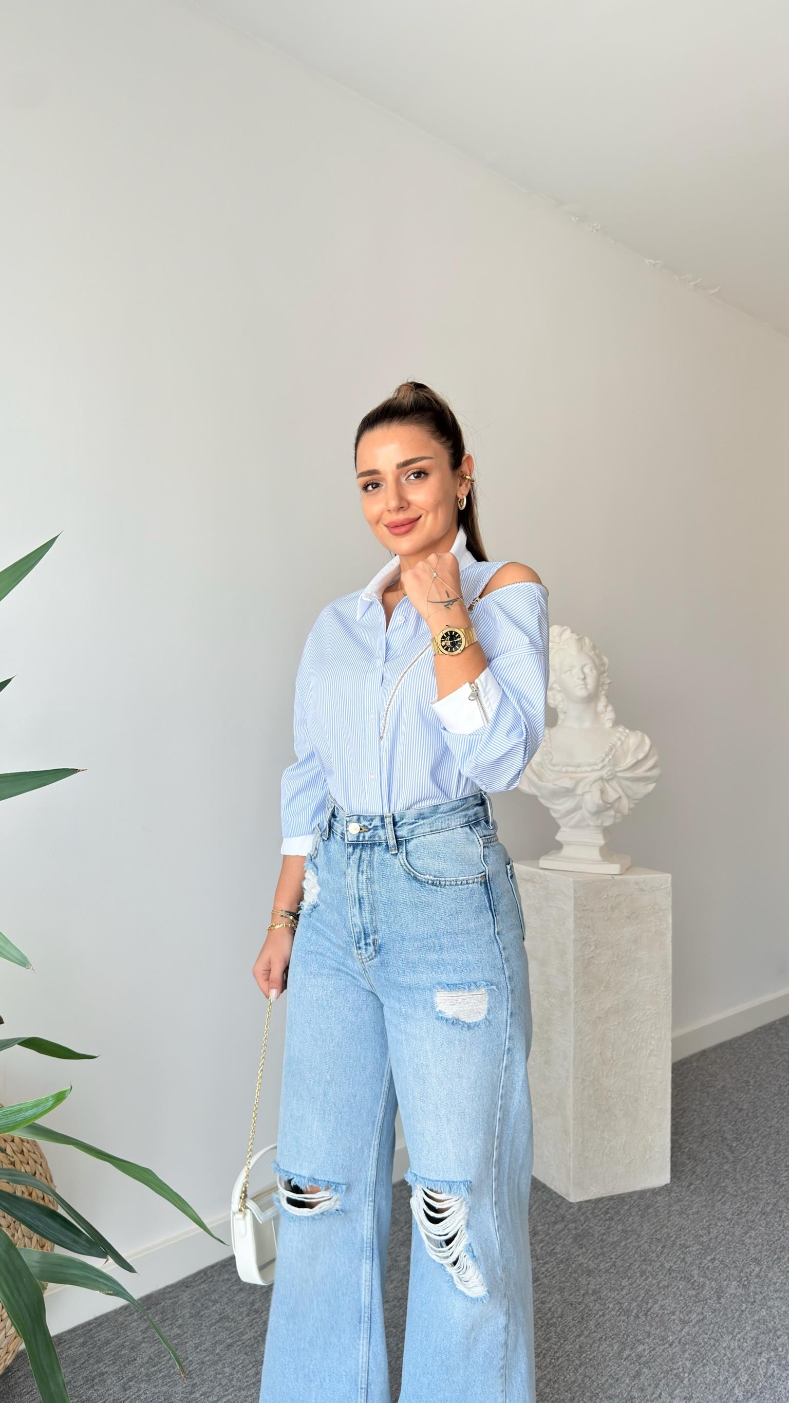 Fermuar Detaylı Çizgili Gömlek