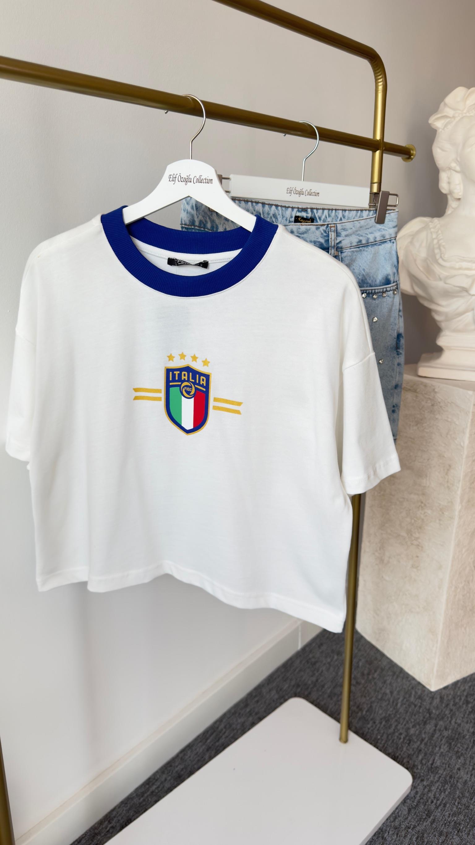Italıa Baskı Mavi Ribanalı Beyaz Tshirt