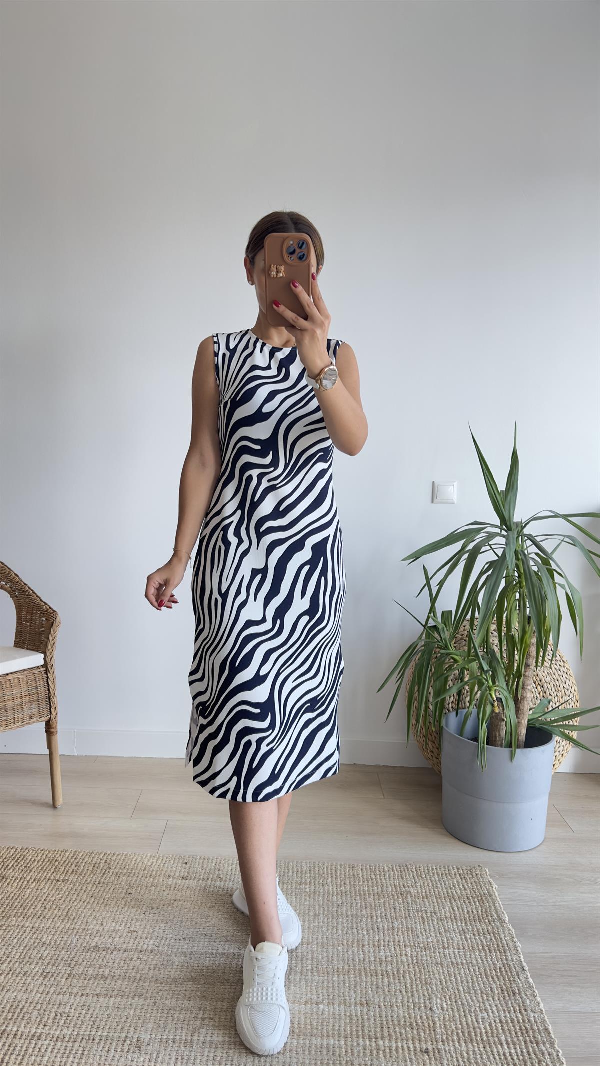 Teul Lacivert Zebra Desenli Elbise