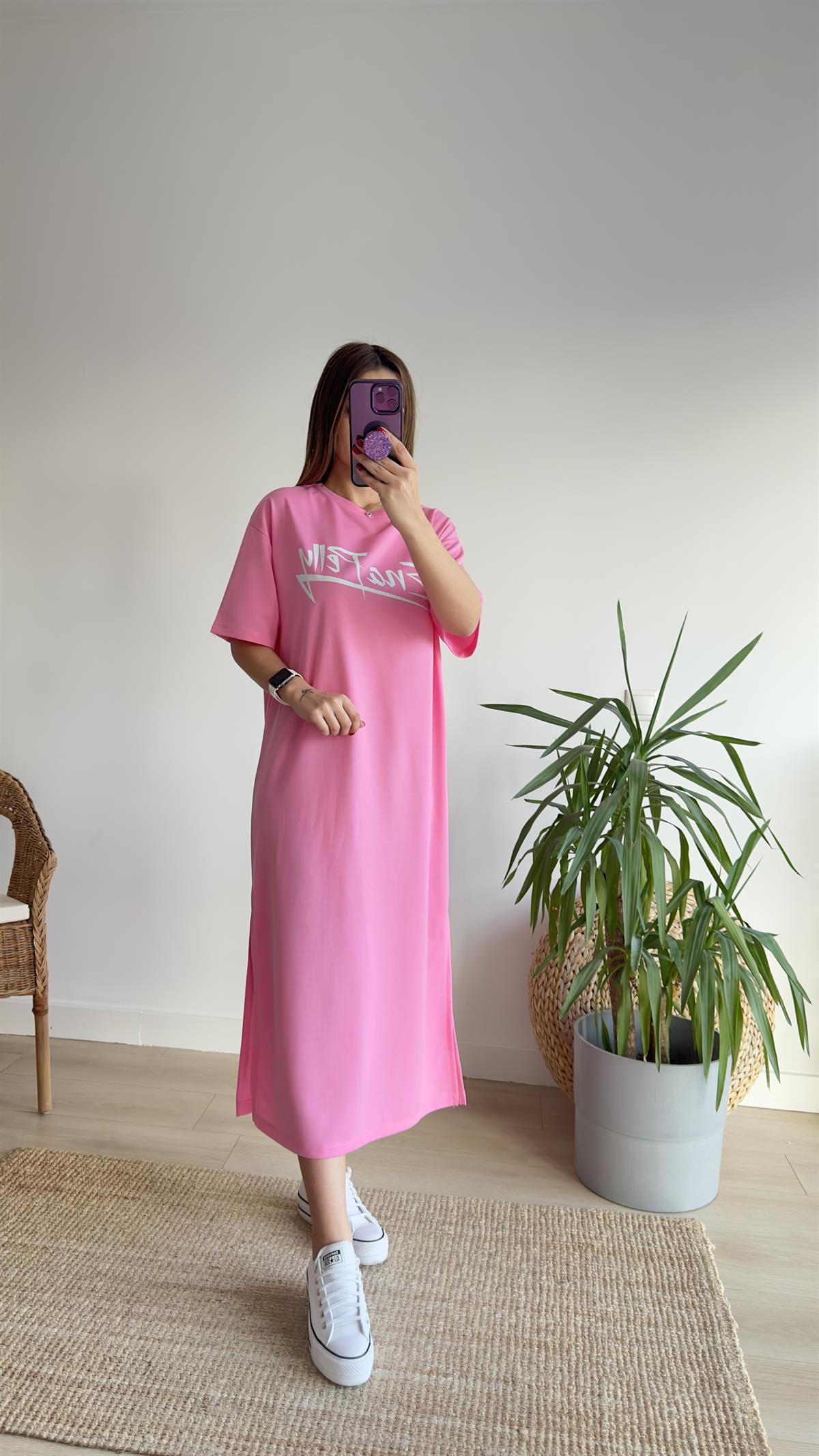 Camex Yazı Detaylı Pembe Elbise