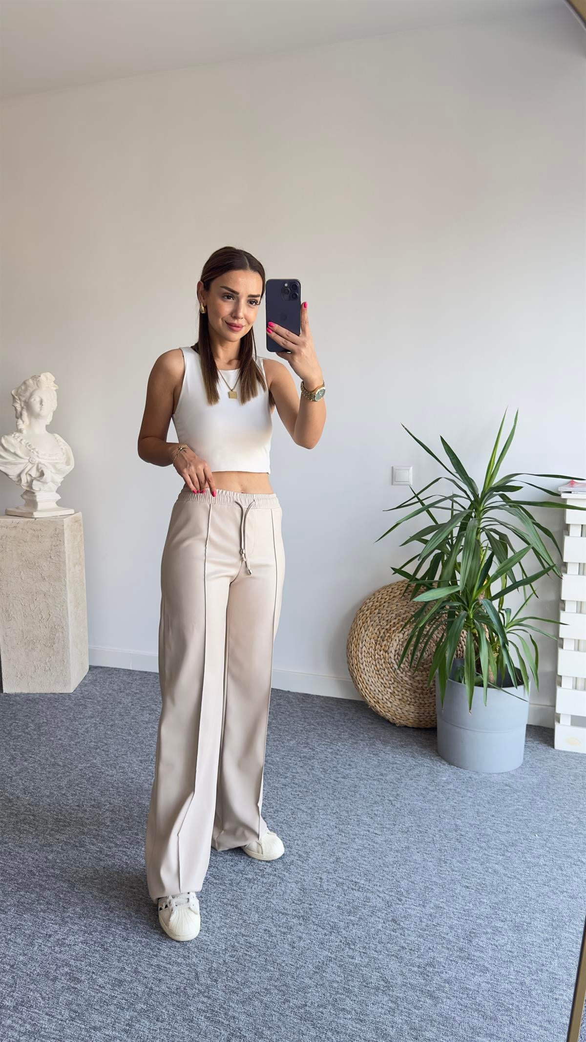 Dikiş Detay Zra Model Bej Deri Pantolon