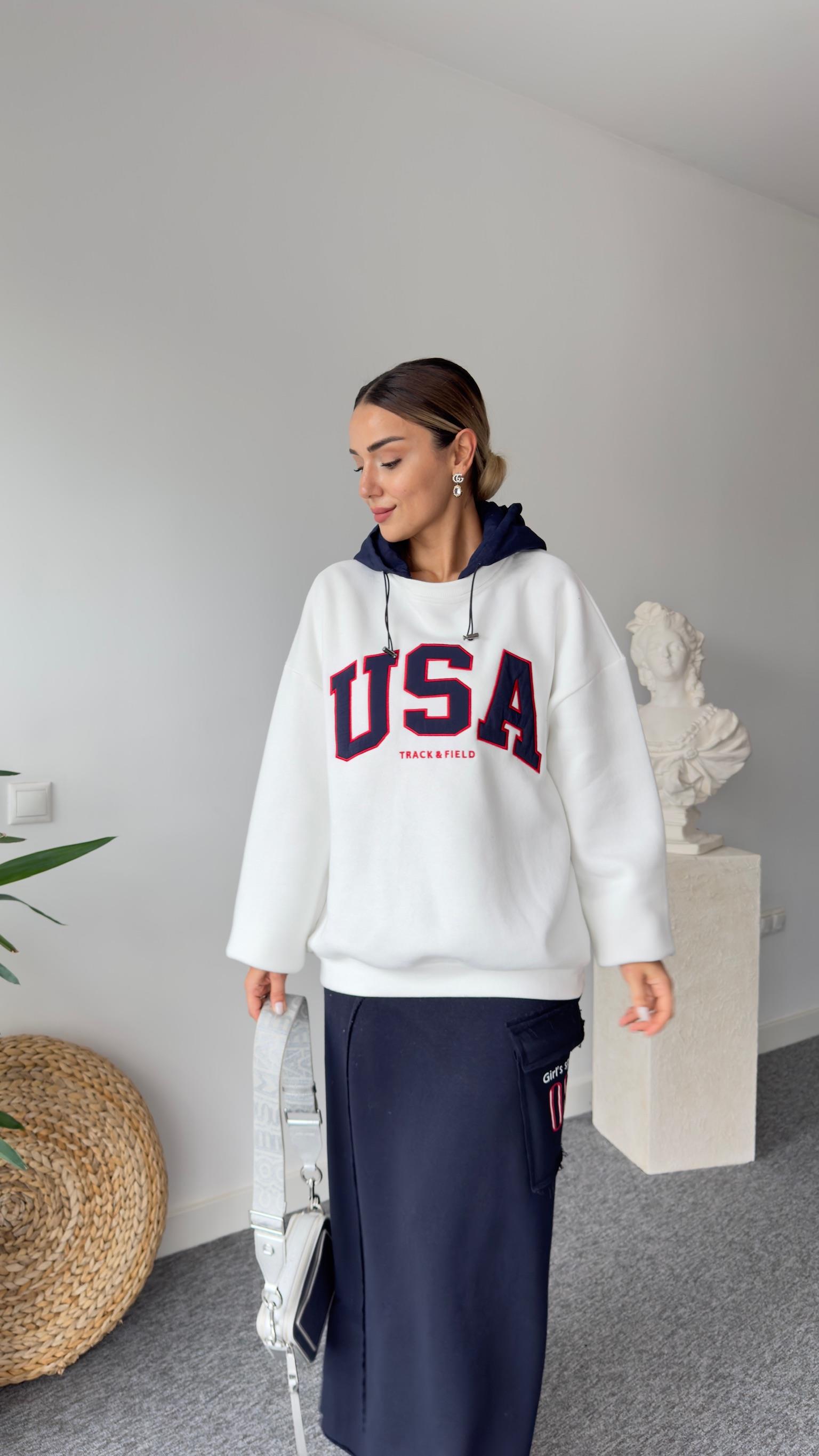 Paraşüt Kapüşon Detaylı Beyaz Sweat
