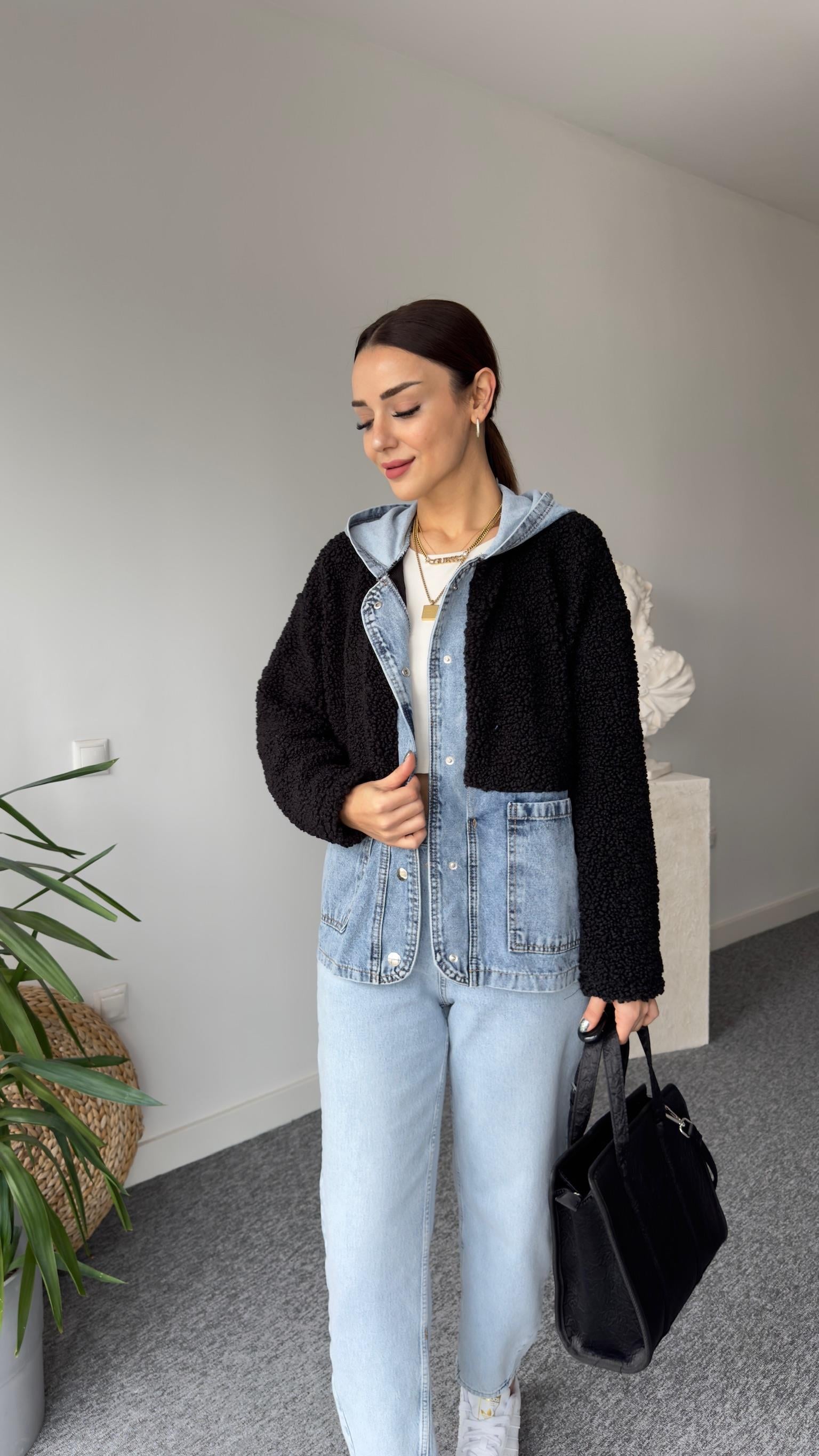 Kot Detaylı Siyah Teddy Ceket