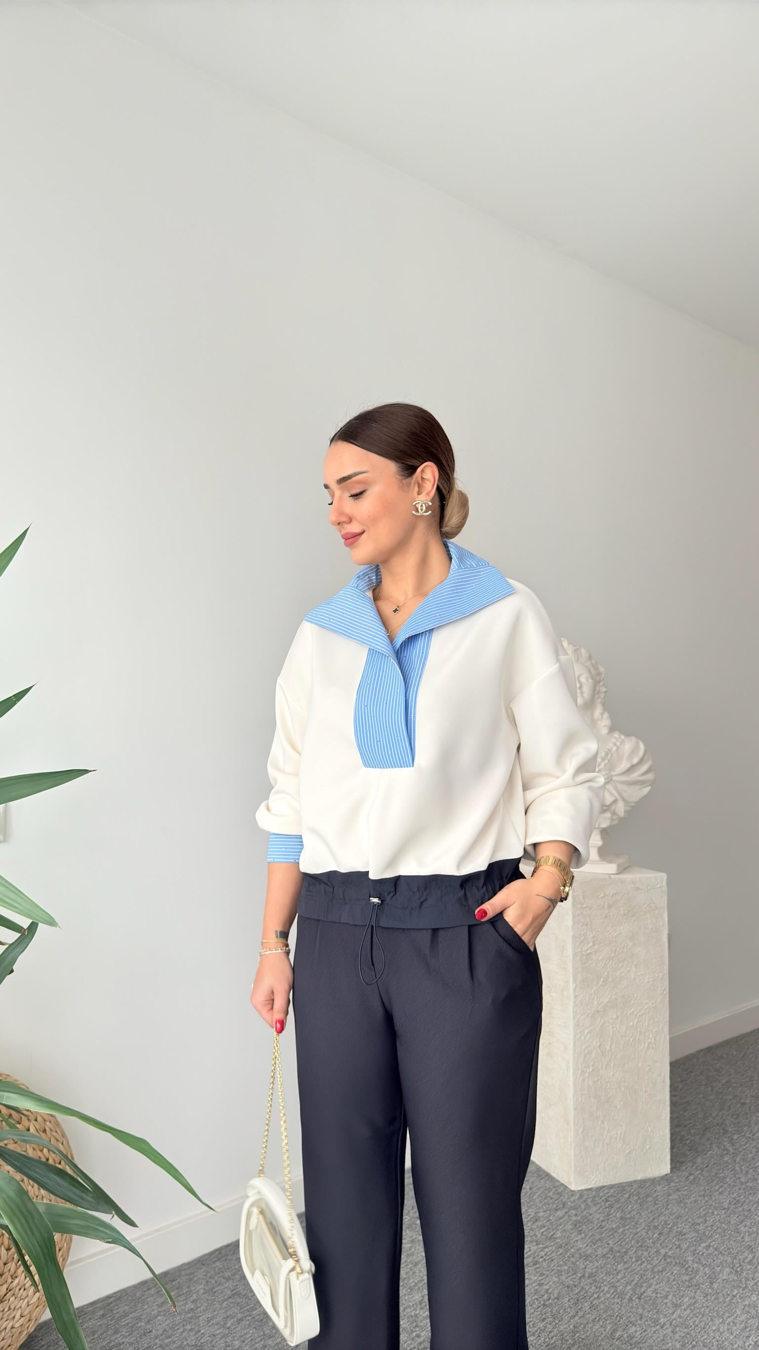 Viyana Bel Büzgülü Taşlı Poplin Garni Modal Sweat