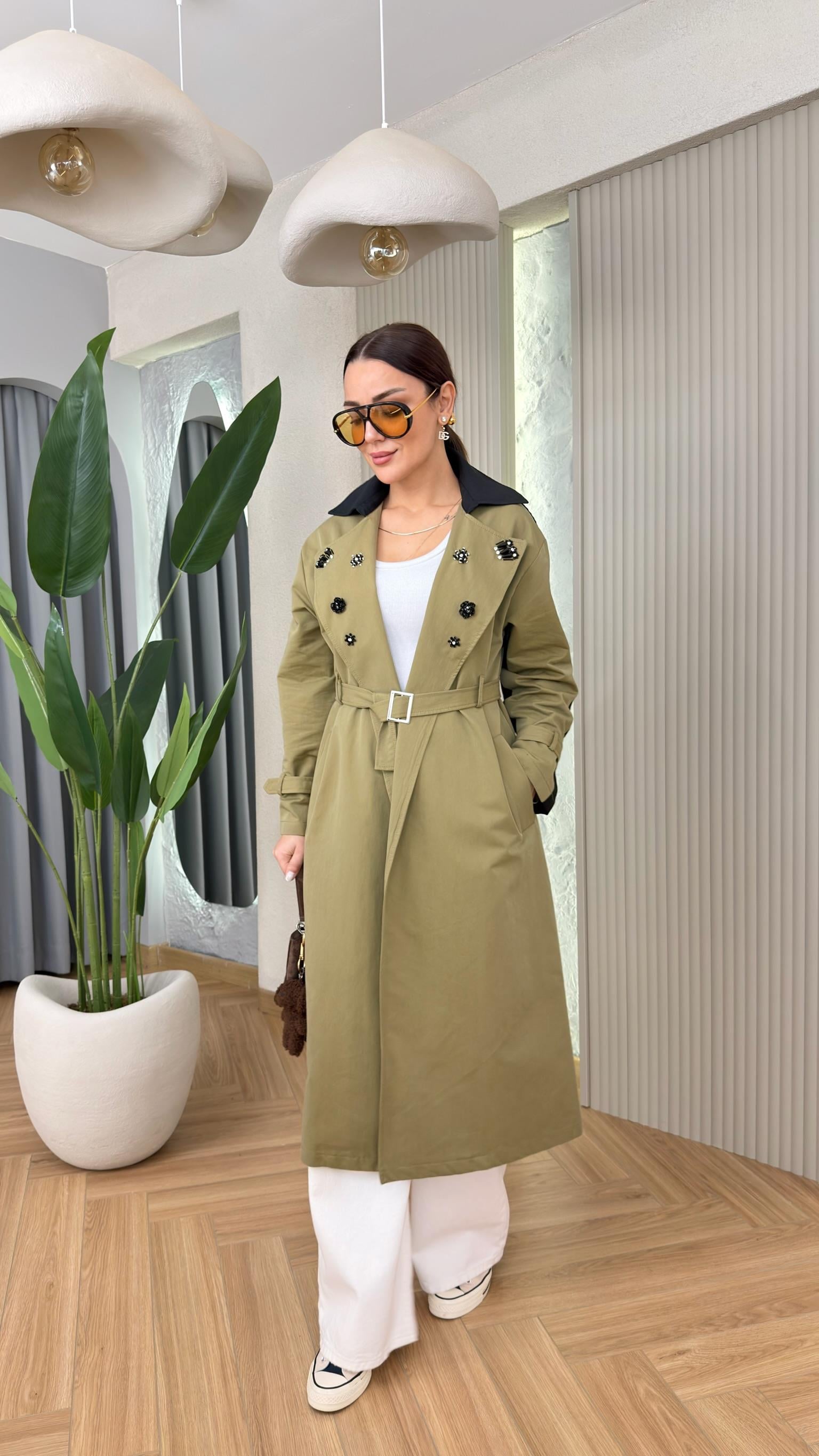 Cindy Paraşüt Garnili Taş Detay Tasarım Trençkot