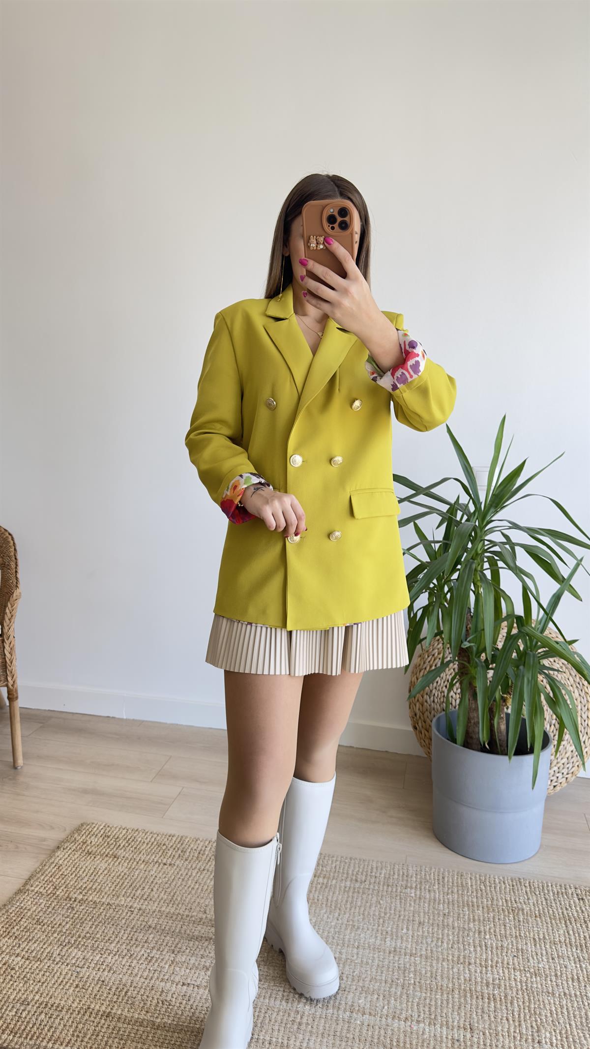 Renkli Astarlı Yeşil Blazer Ceket