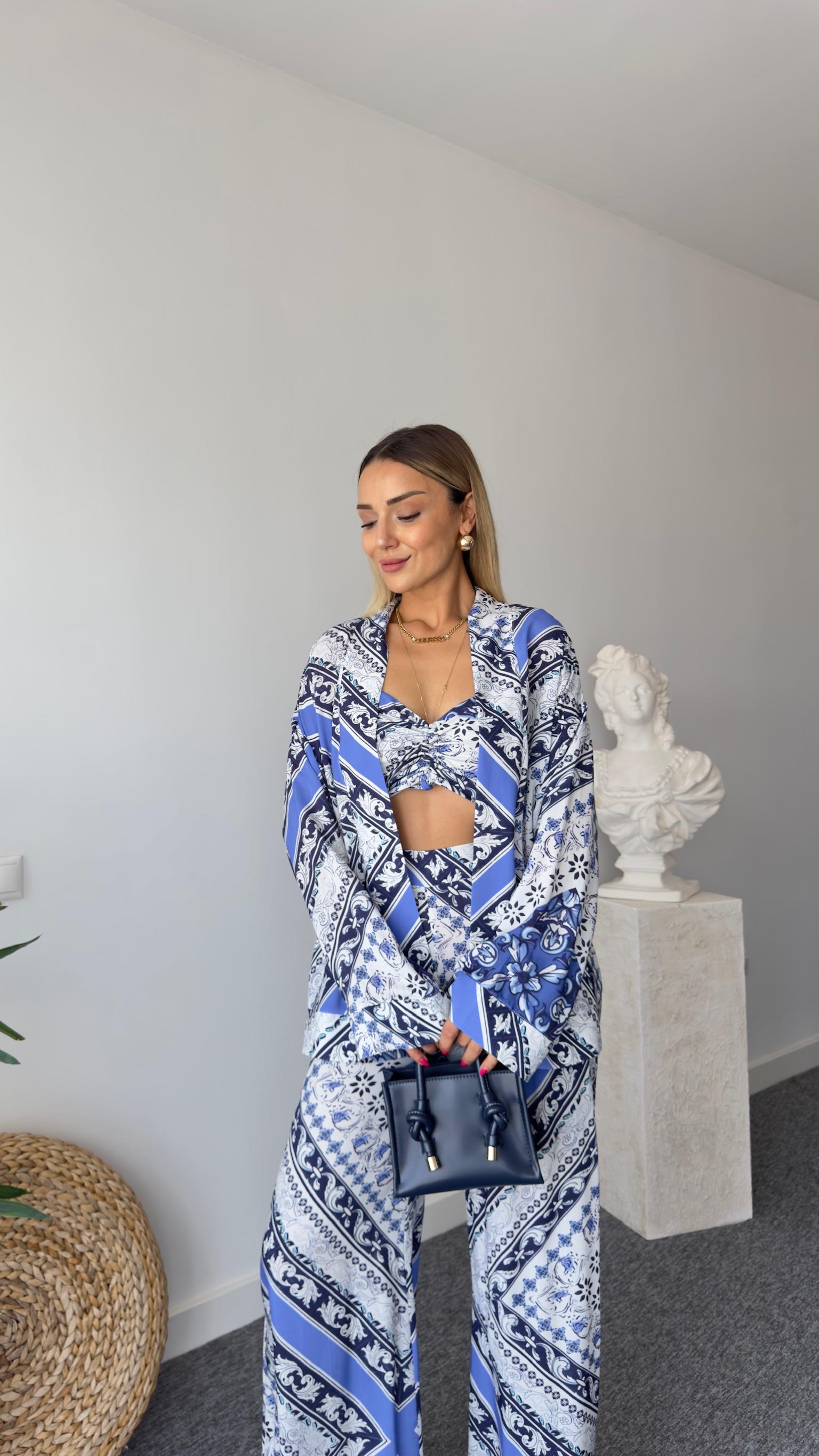 Medi Etnik Desen Viskon Mavi Kimono