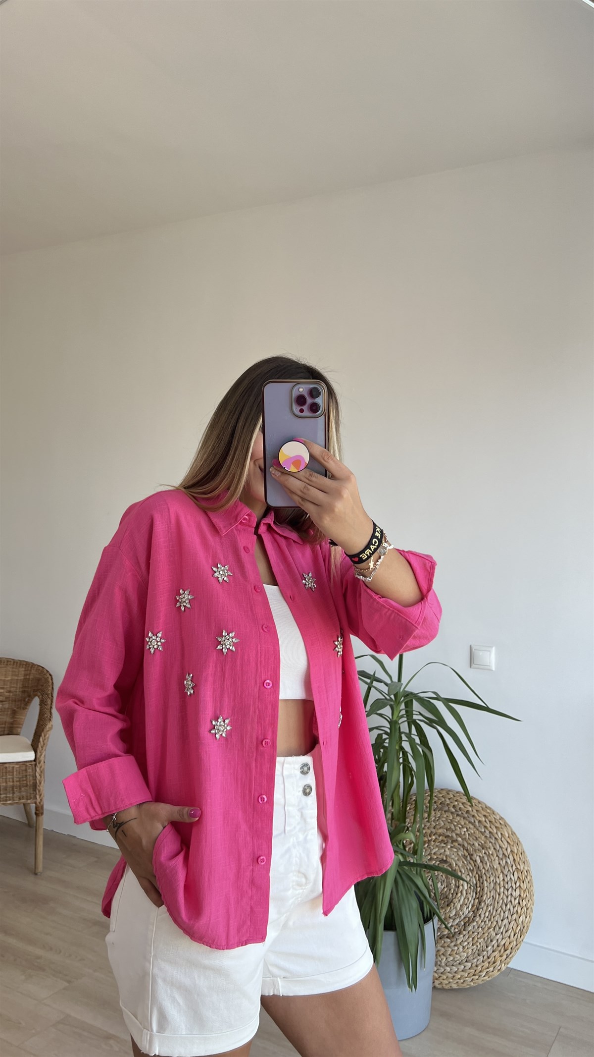 Taş İşleme Detaylı Pembe Keten Gömlek