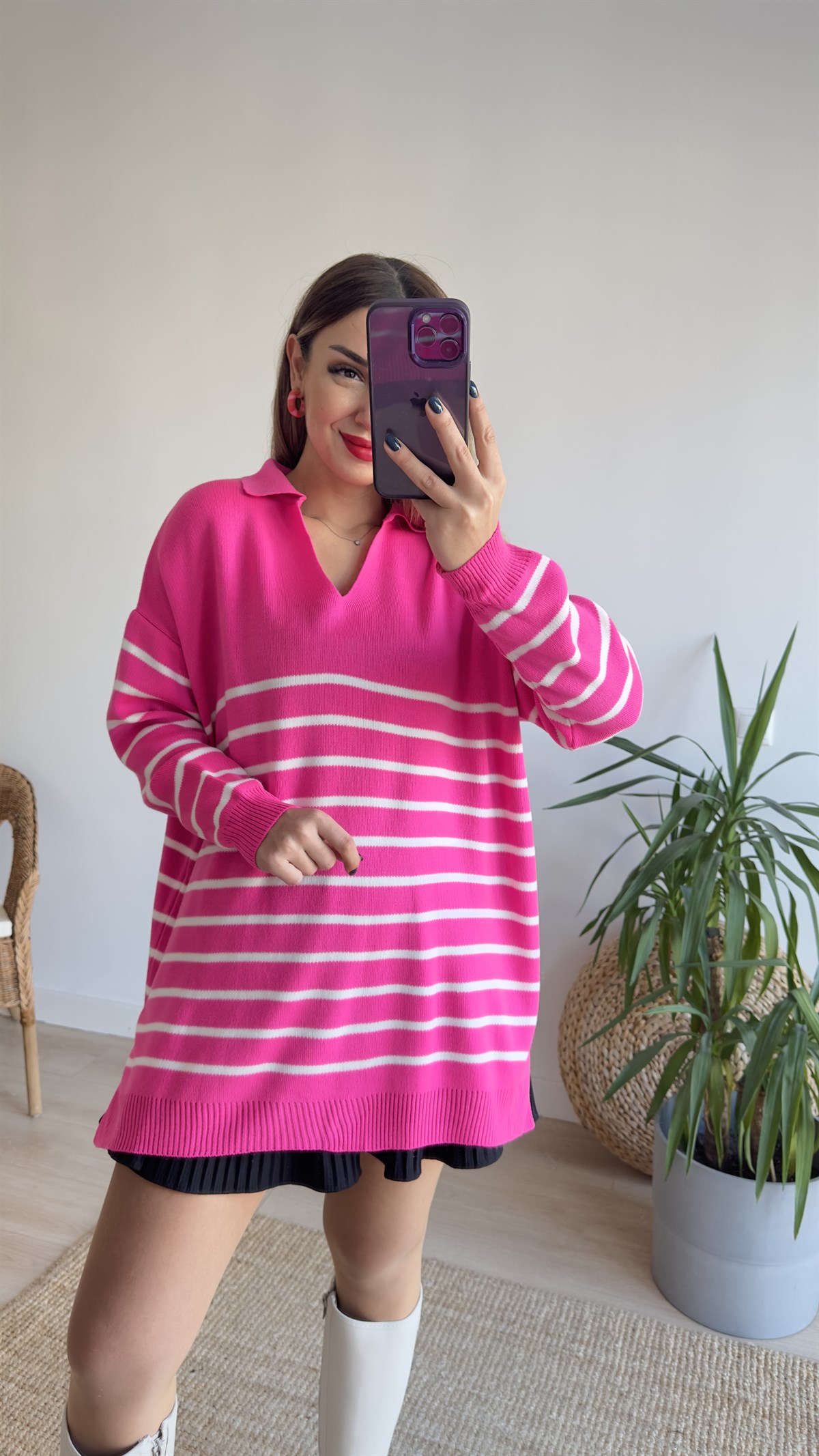 Polo Yaka İnce Çizgili Pembe Triko