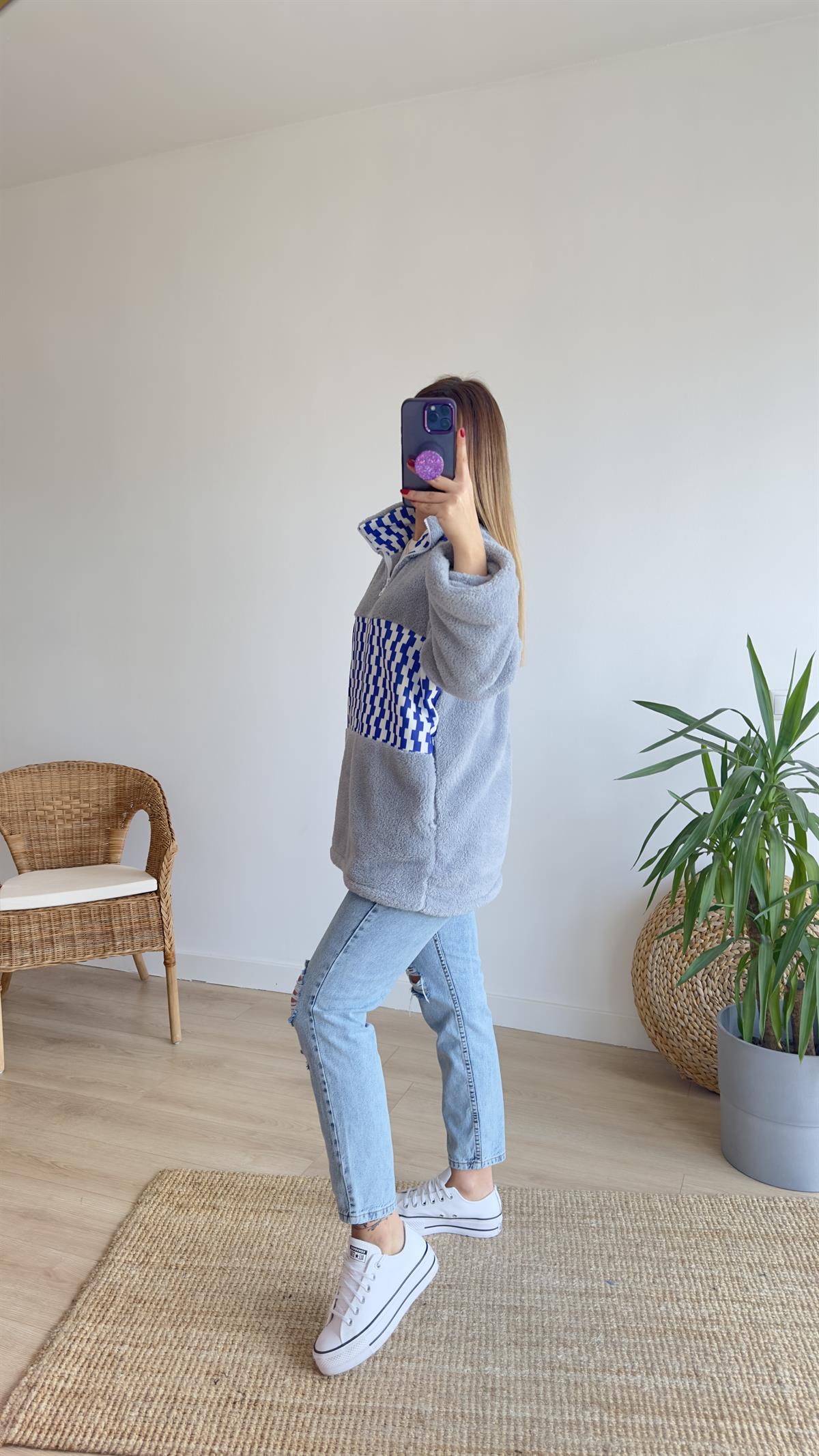Mavi Desenli Peluş Sweat