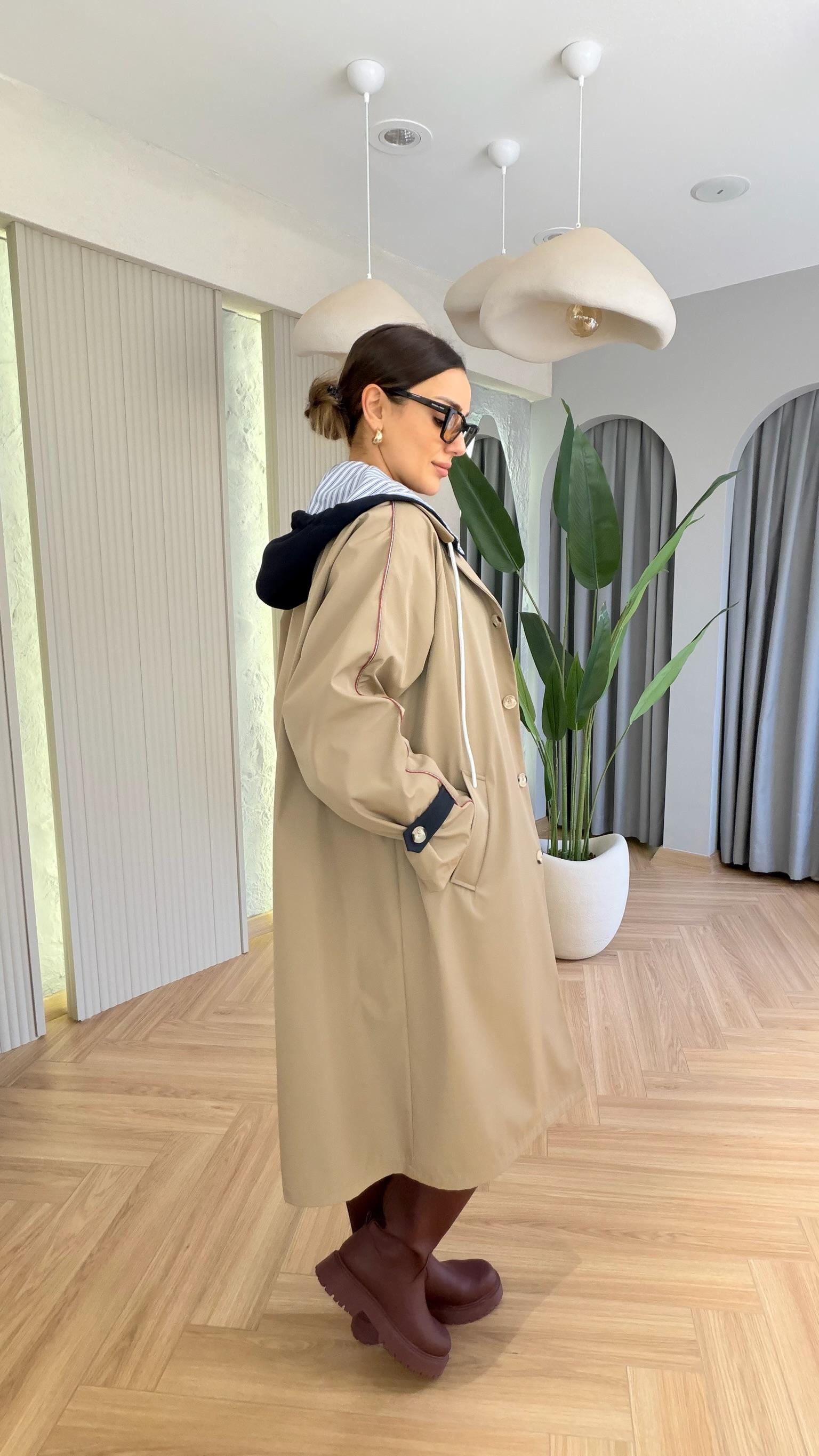 Boje Kapüşonlu Oversize Trençkot