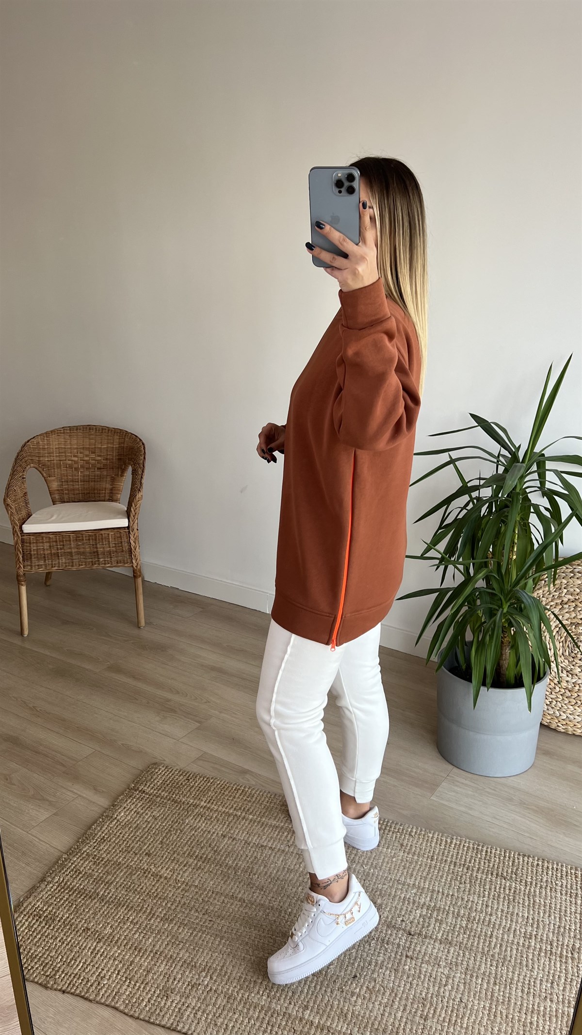 Yanı Fermuar Detaylı Salaş Kahve Sweat