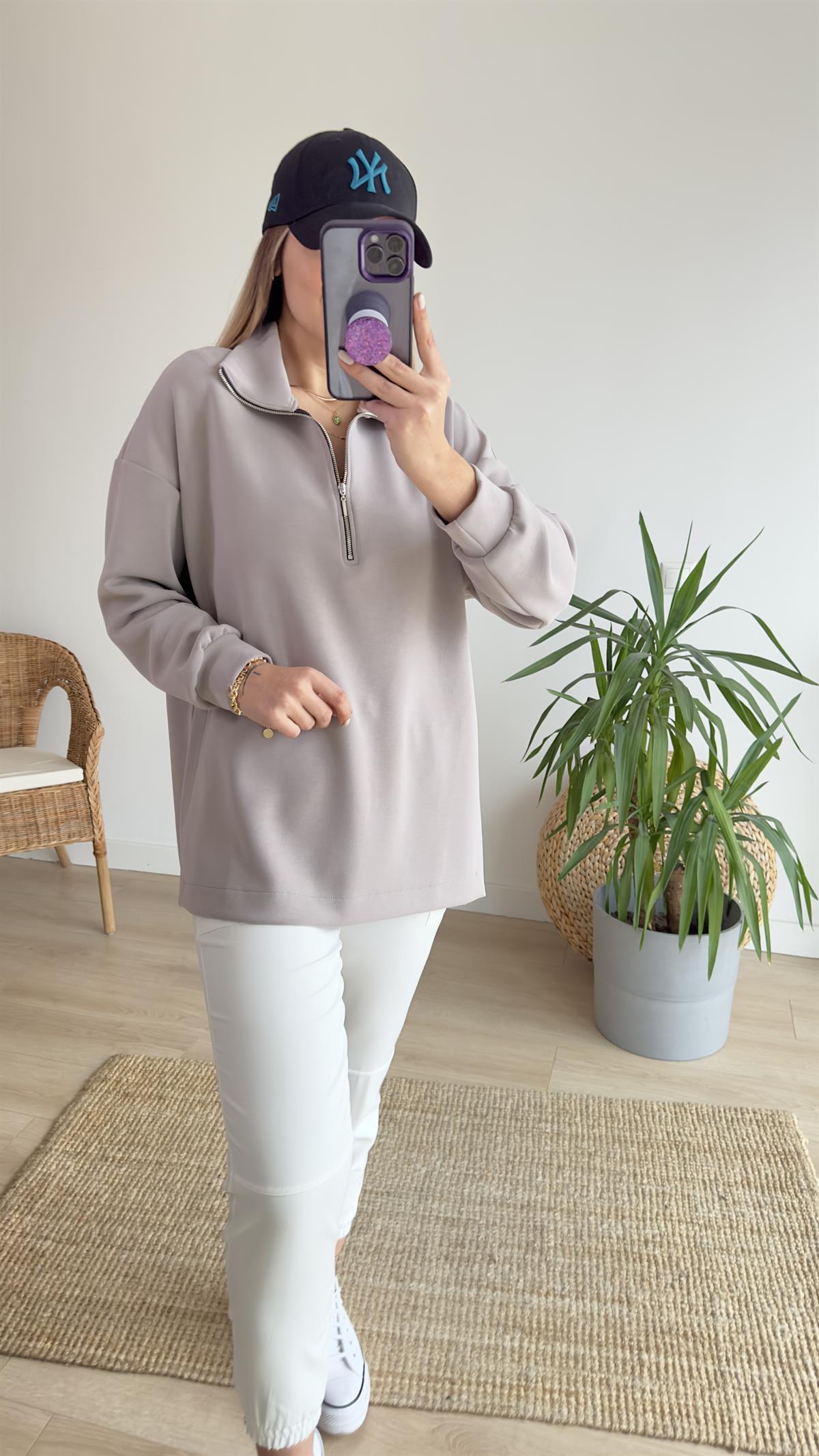 Yarım Fermuar Bej Modal Sweat