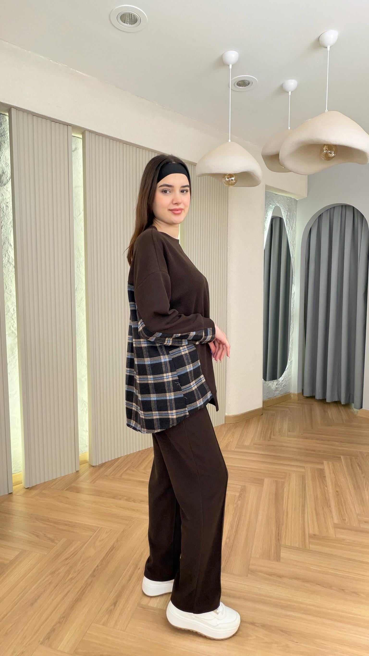 Kahve Lapel Ekose Garnili Selanik Takım