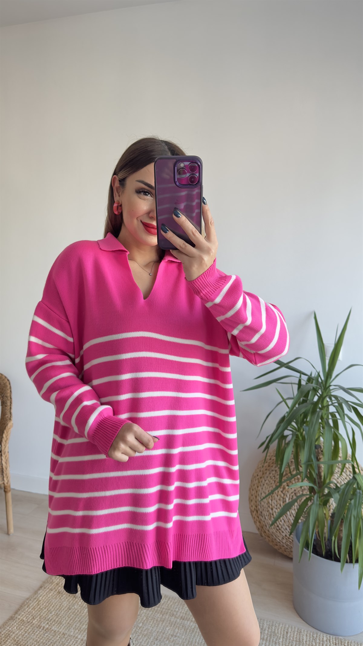 Polo Yaka İnce Çizgili Pembe Triko