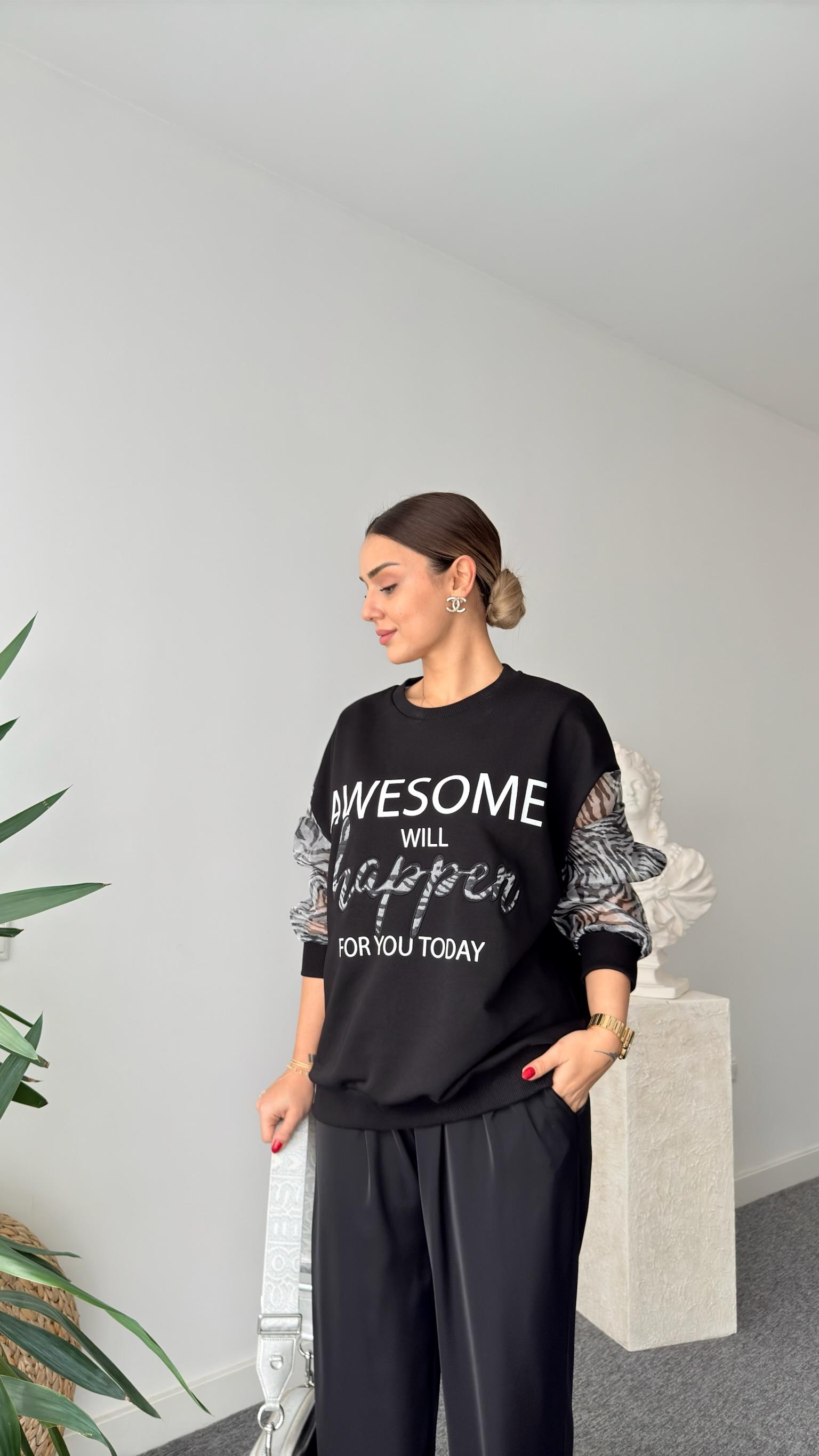 Fironi Kollar Organze Yazılı Siyah Sweat