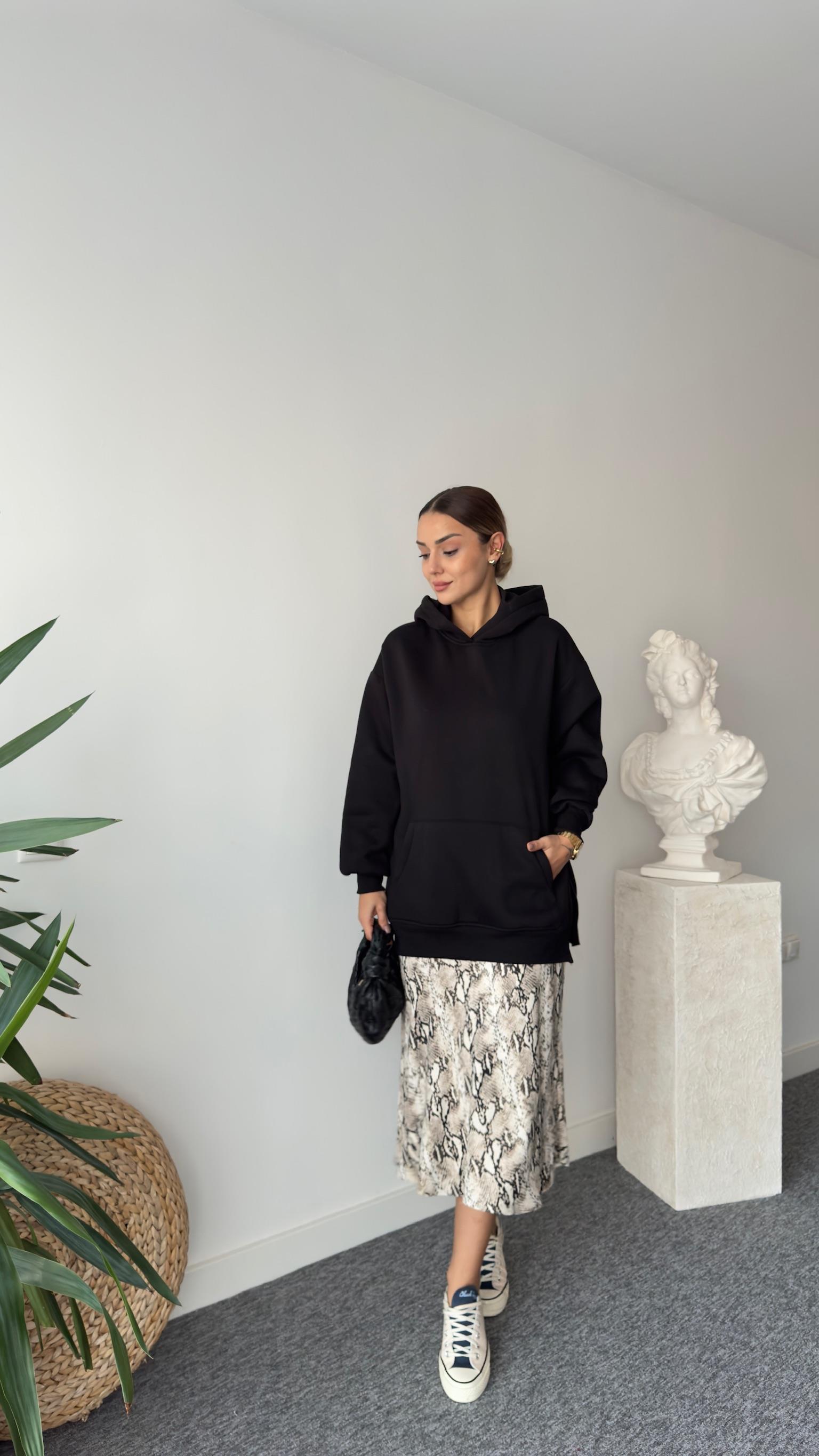 Fendy Yanlar Fermuarlı Salaş Siyah Sweatshirt