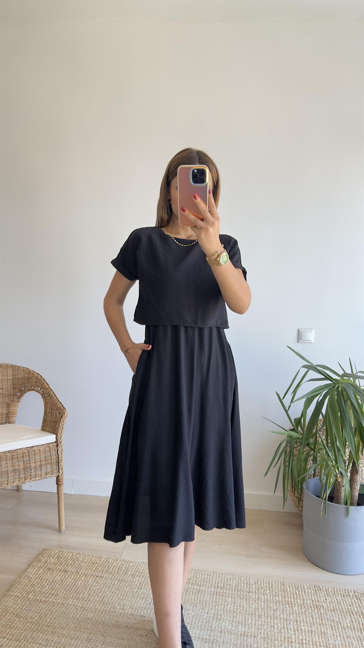 Siyah Bluz Detaylı İkili Elbise 