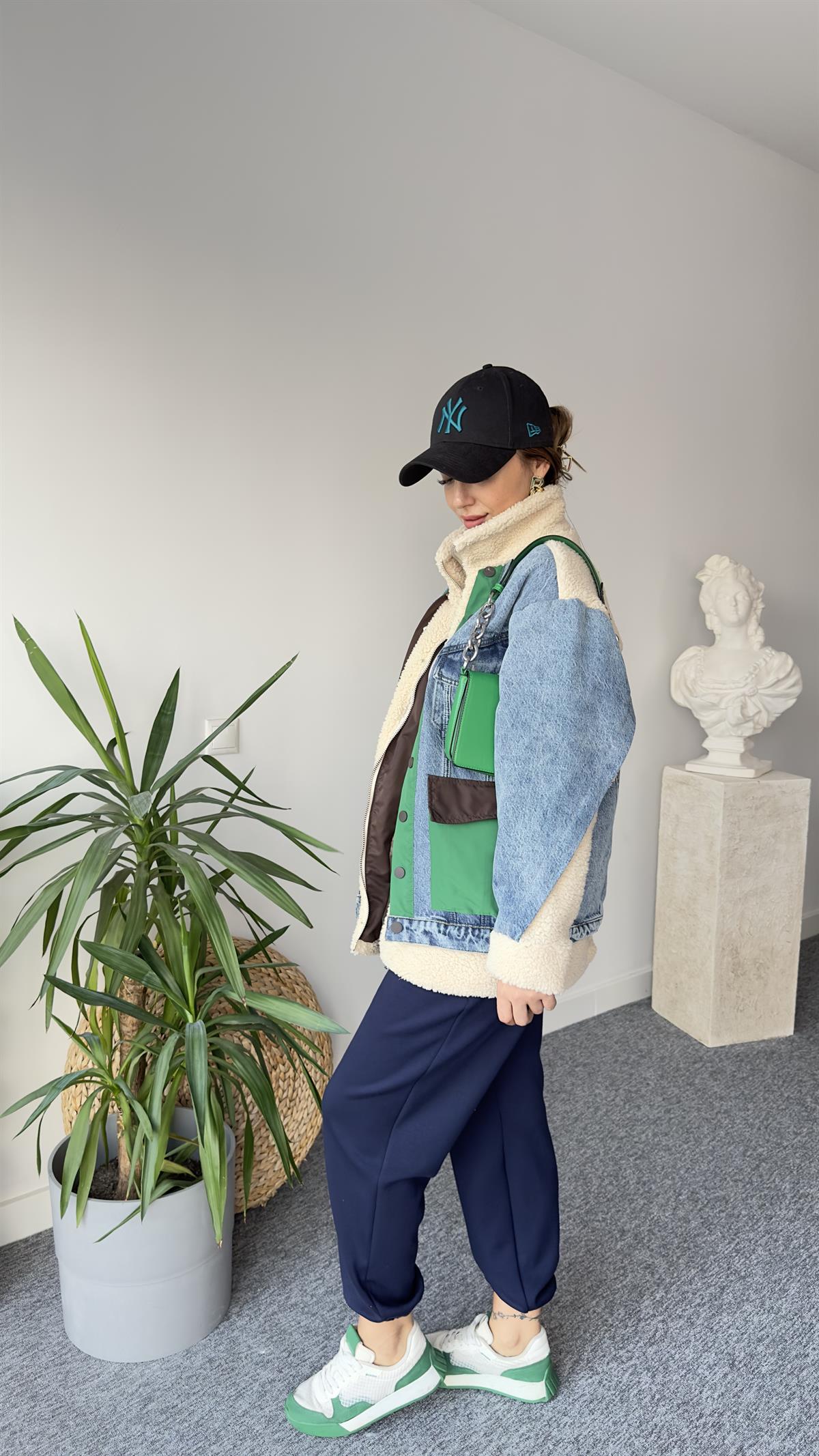 Denim Mix Yeşil Detay Peluş Mont