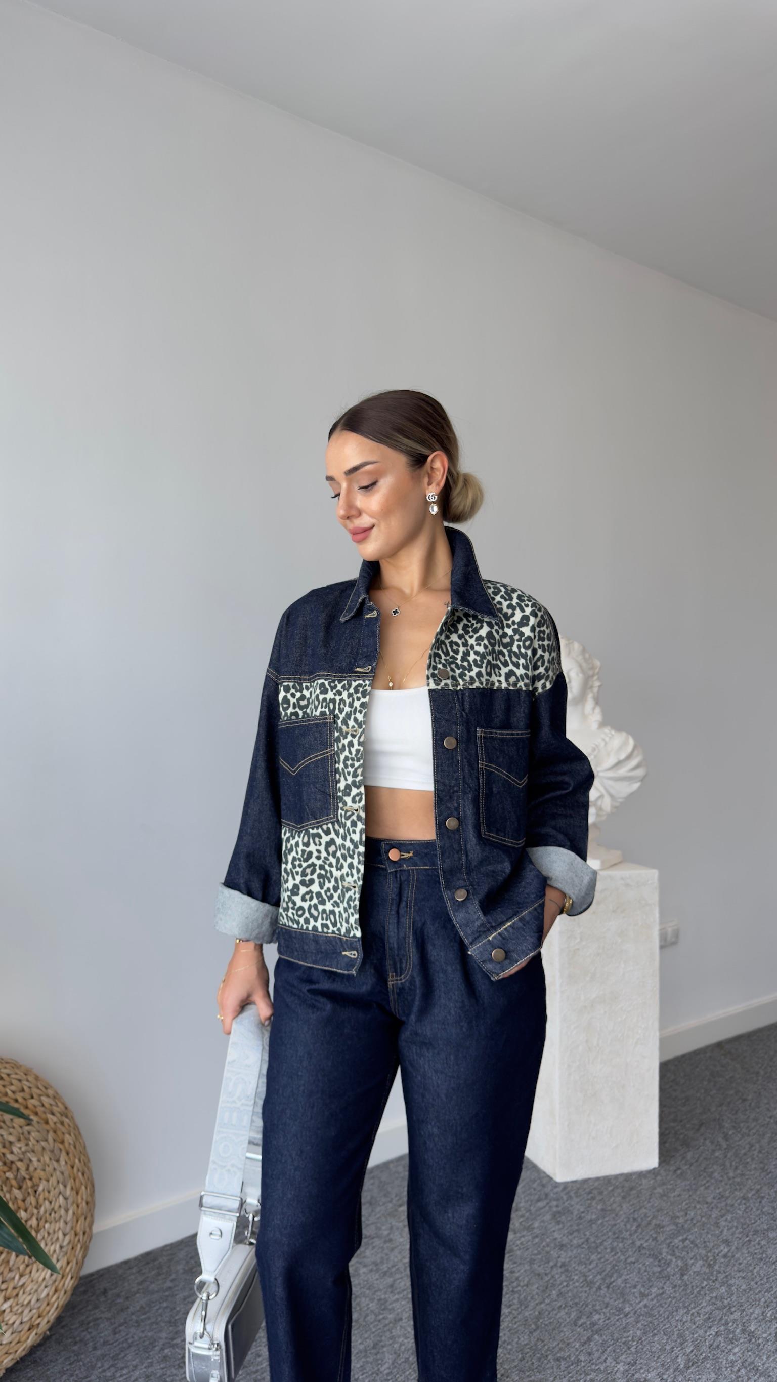 Marya Leopar Detaylı Lacivert Jean Ceket