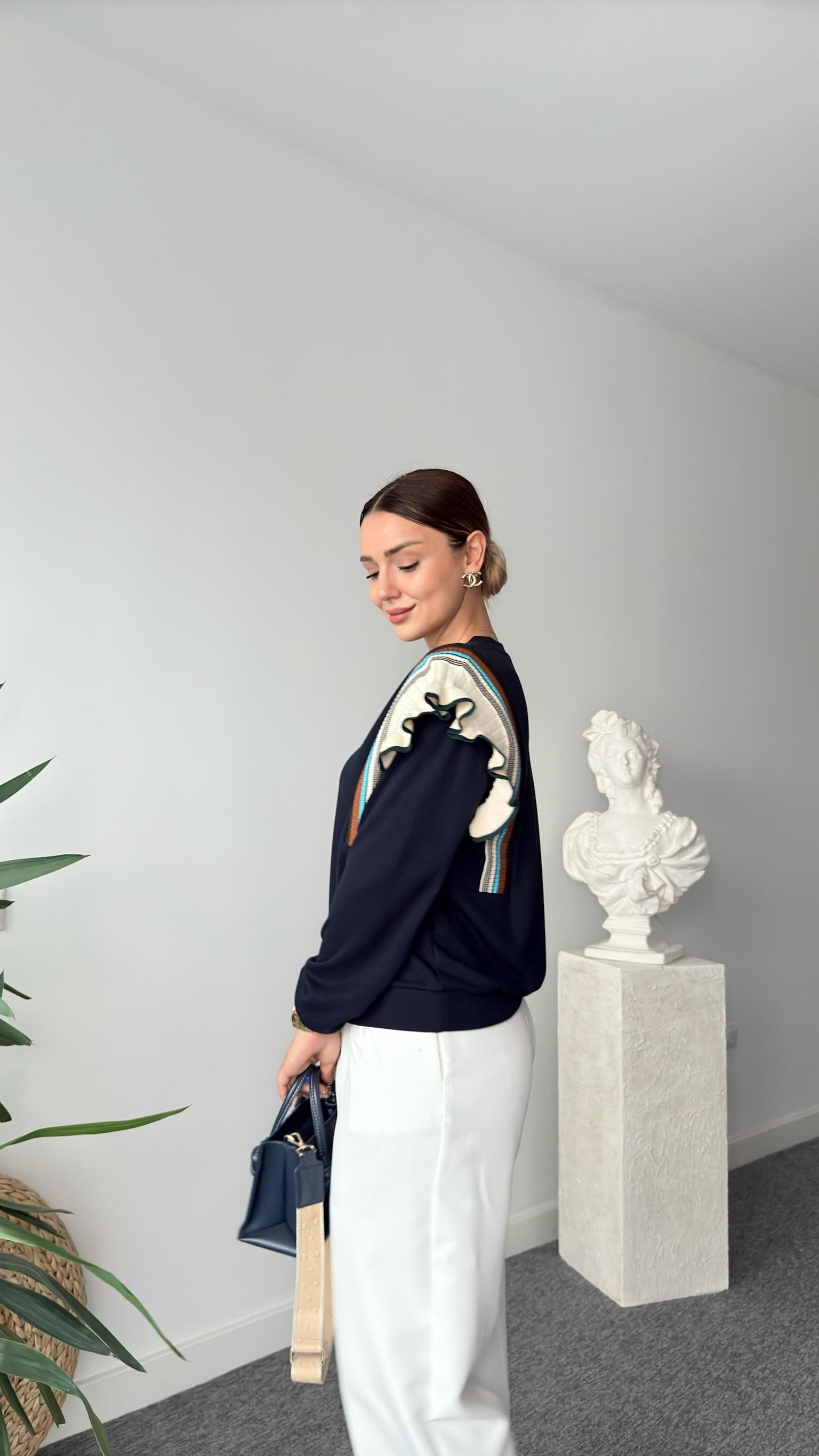 Triko Fırfır Detaylı Lacivert Modal Sweat