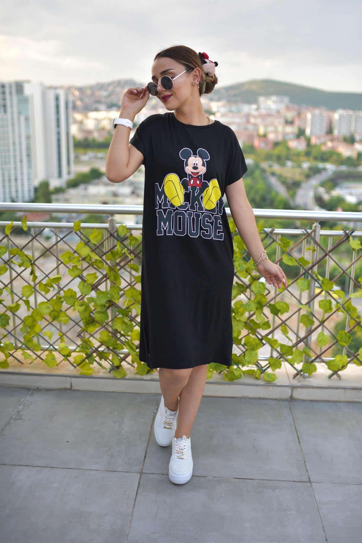 Mickey Mouse Baskı Siyah Penye Elbise