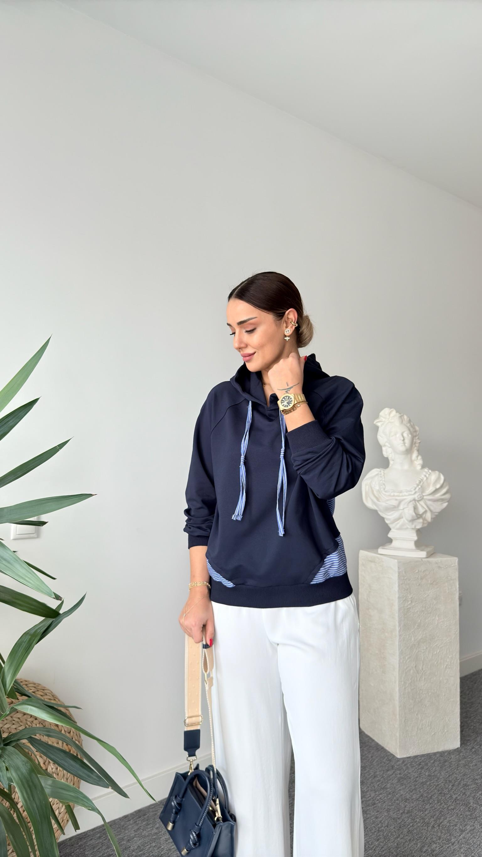Lacivert Reste Poplin Garnili Sweatshirt