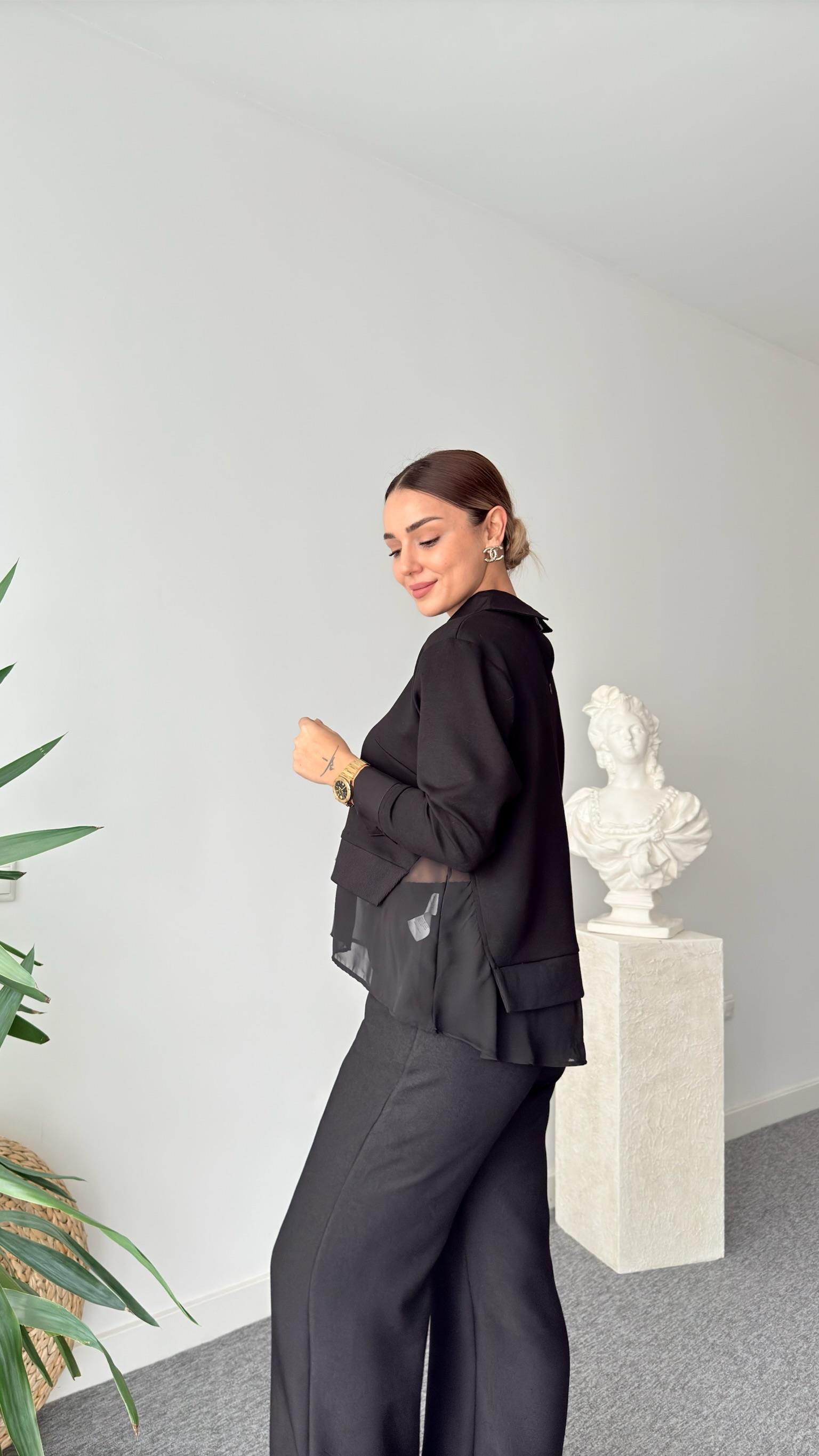 Şifon Gömlek Detaylı Siyah Modal Sweat