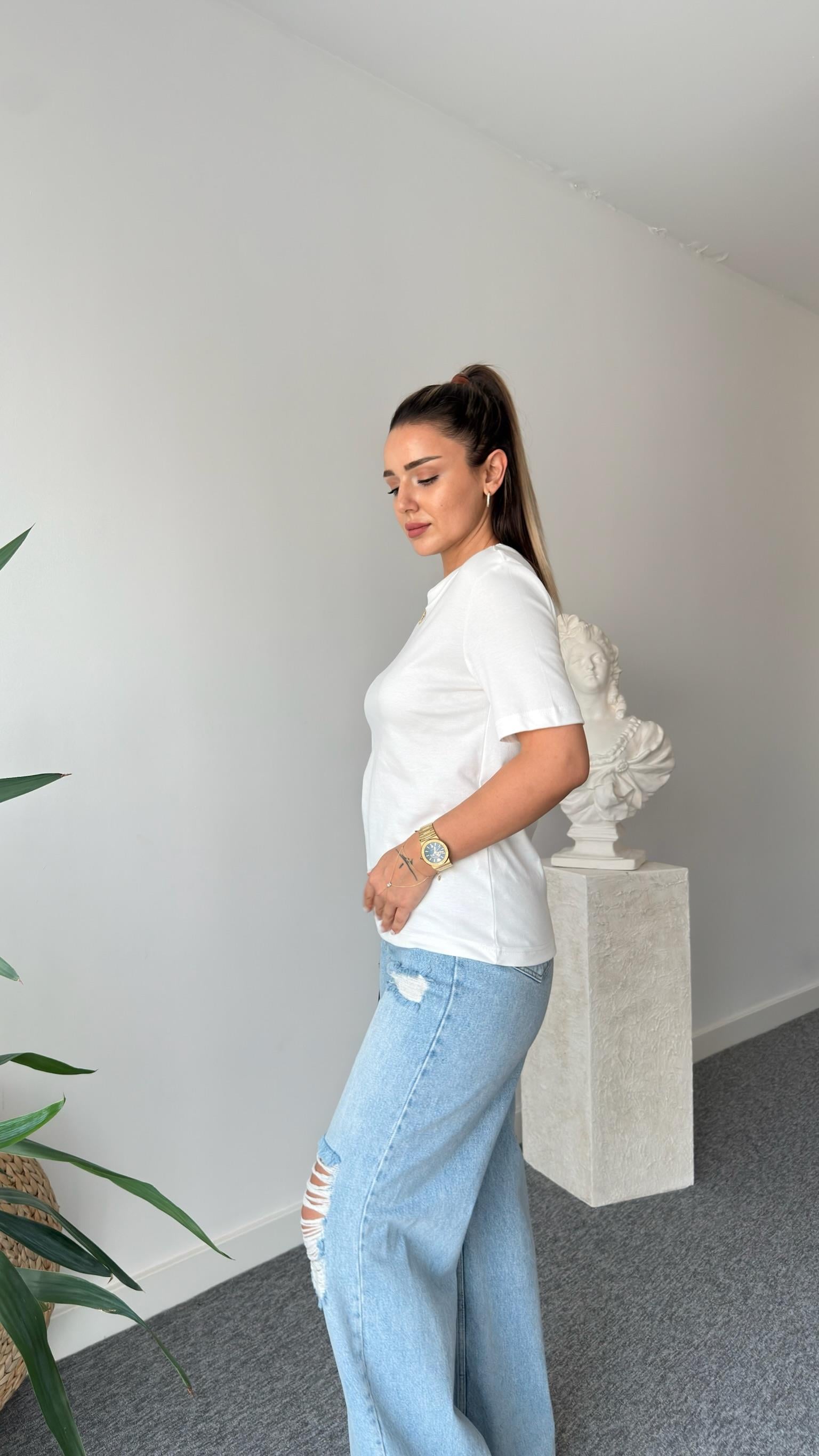 Beyaz Falmo Bisiklet Yaka Massi Tshirt