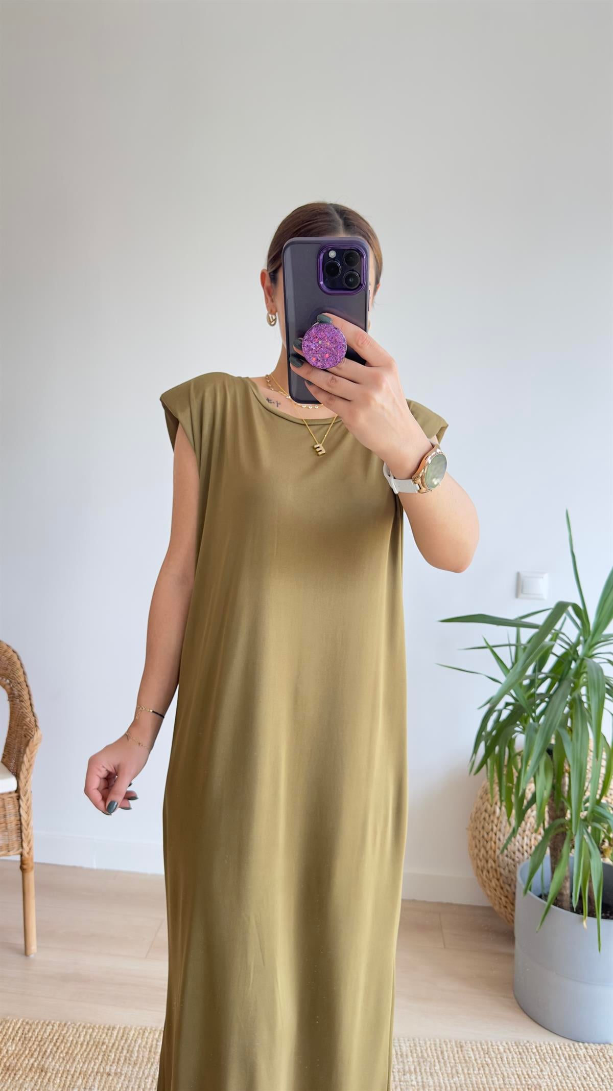 Haki Modal Kumaş Yırtmaçlı Basic Elbise